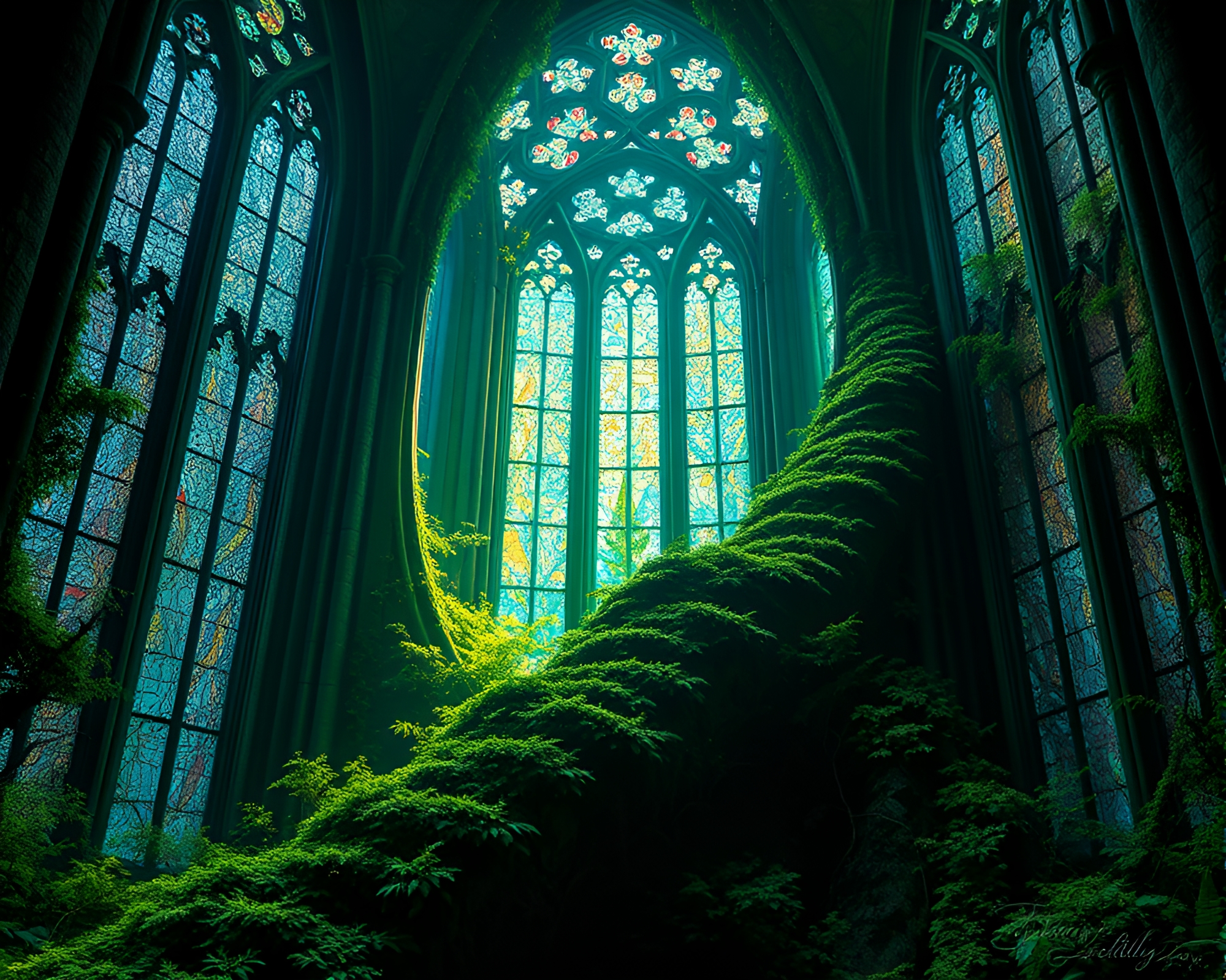 Tiger embraced by fractal cathedral light among moss – free AI stock image