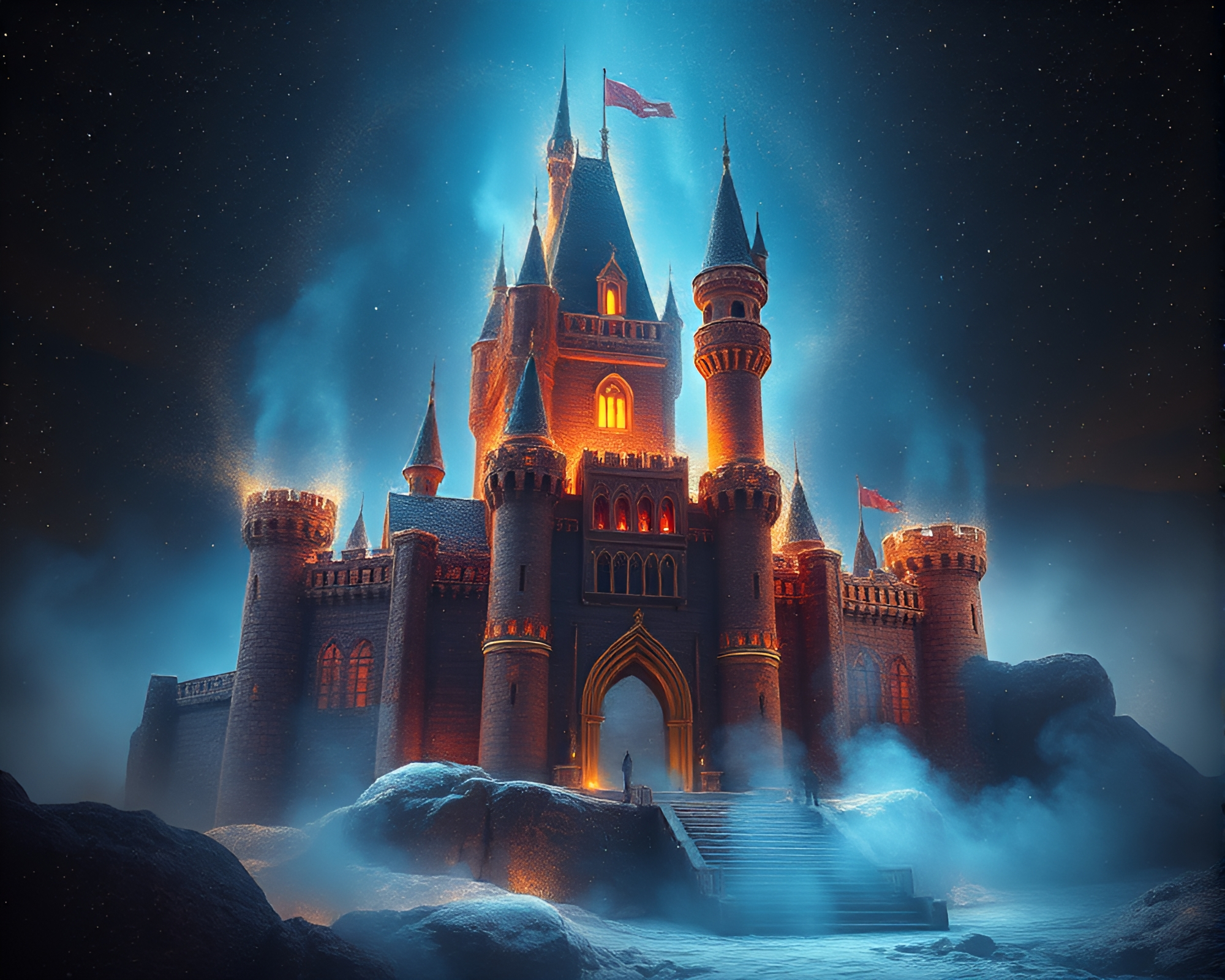 Ethereal Castle bathed in dramatic light and dust particles – free AI stock image