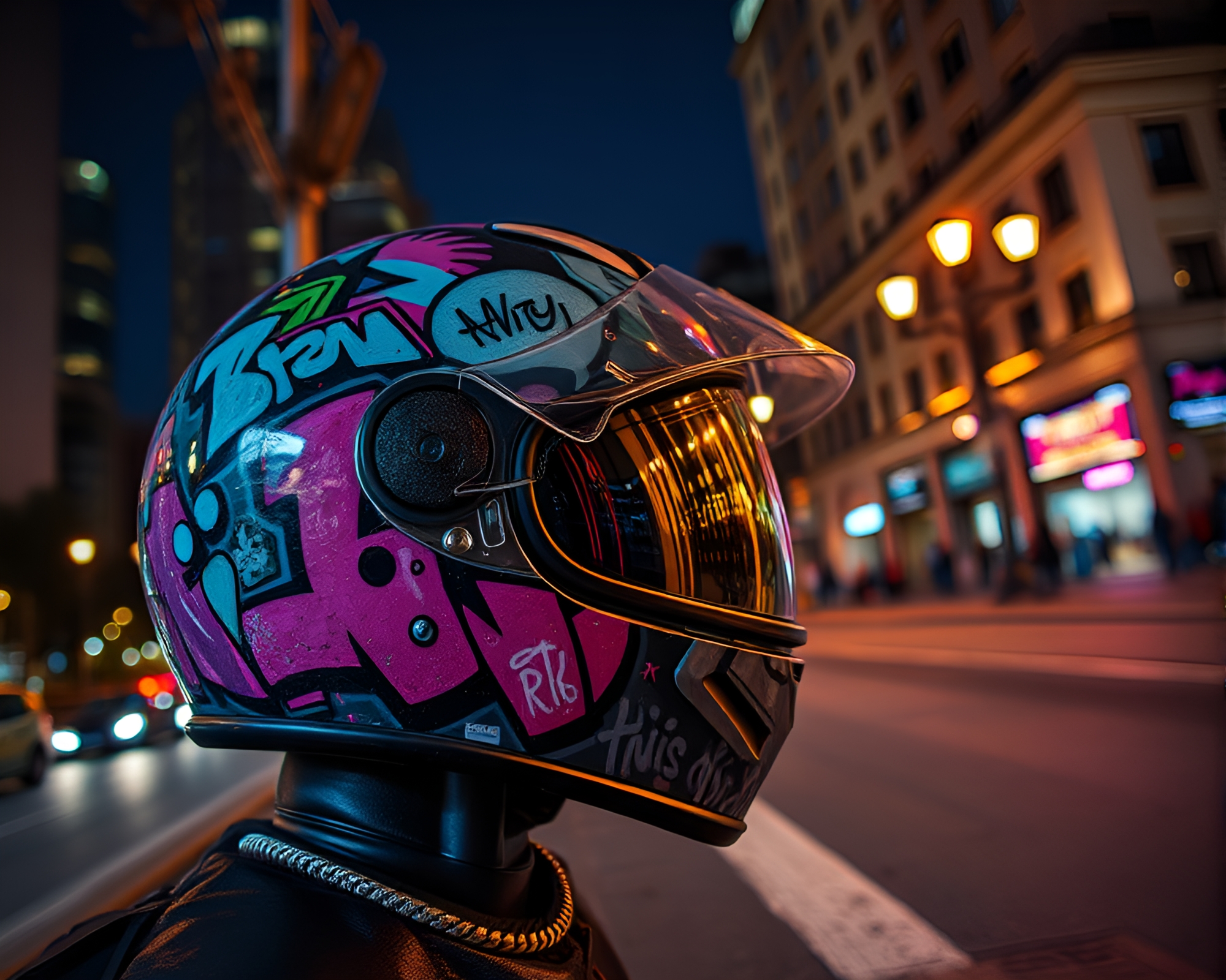 Urban Night Graffiti Helmet Mural – free AI stock image