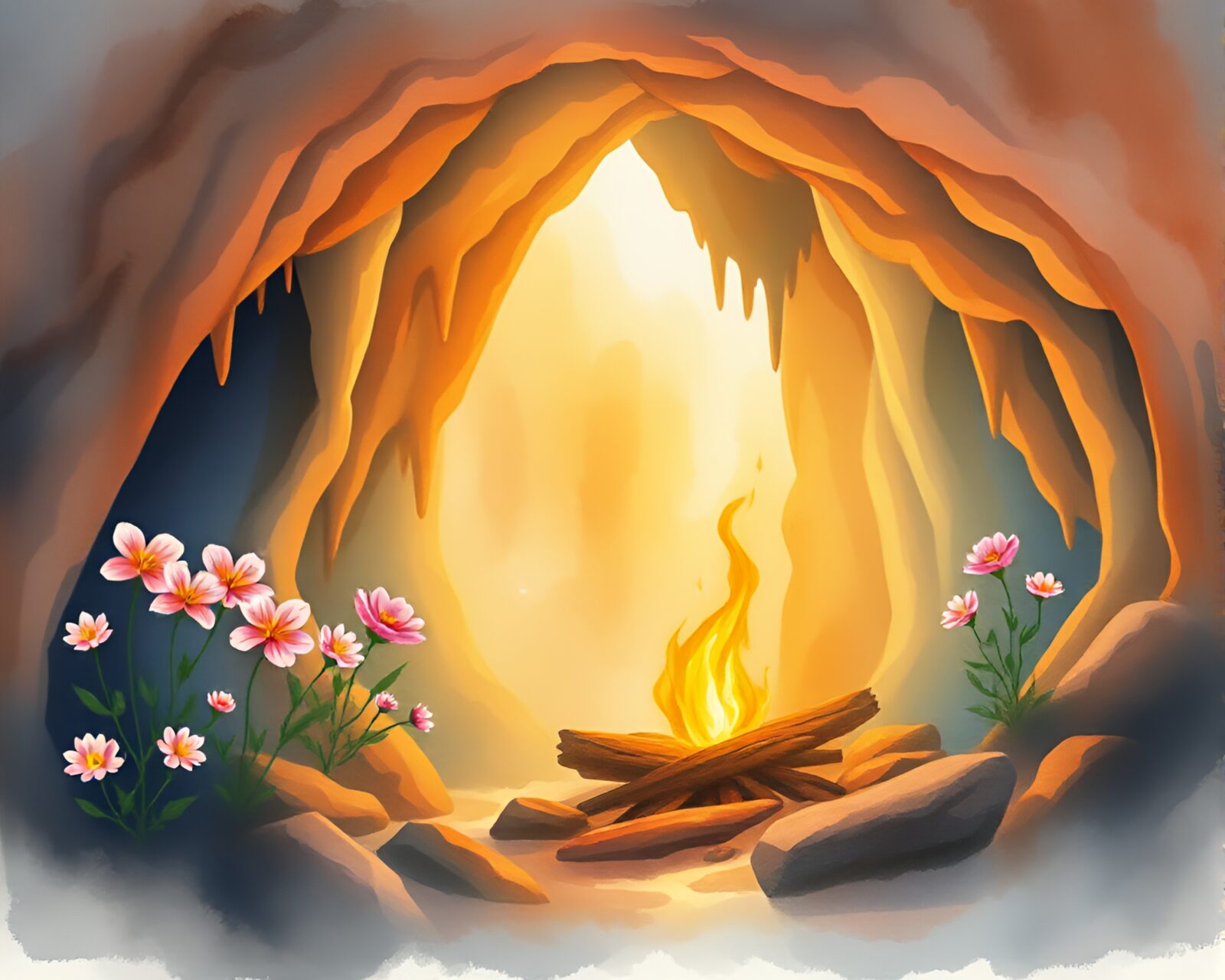 Majestic cave formations illuminated by cozy bonfire light