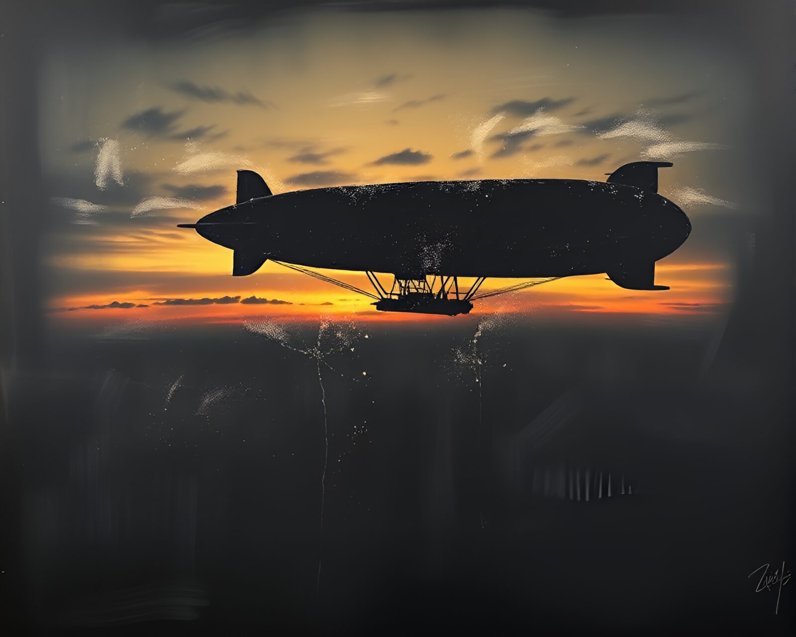 Fantastical airship soaring in the golden dusk sky