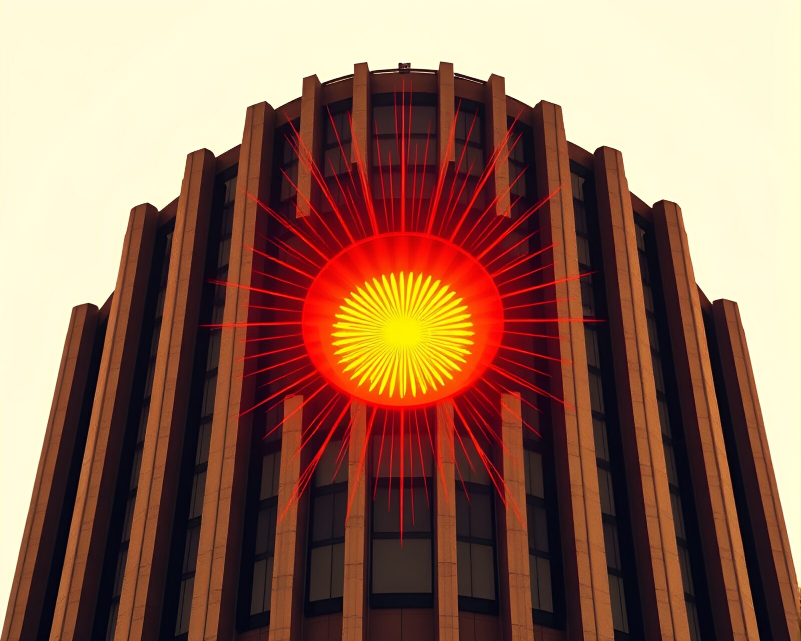 A halftone-patterned sunburst shines on a burnt orange structure.