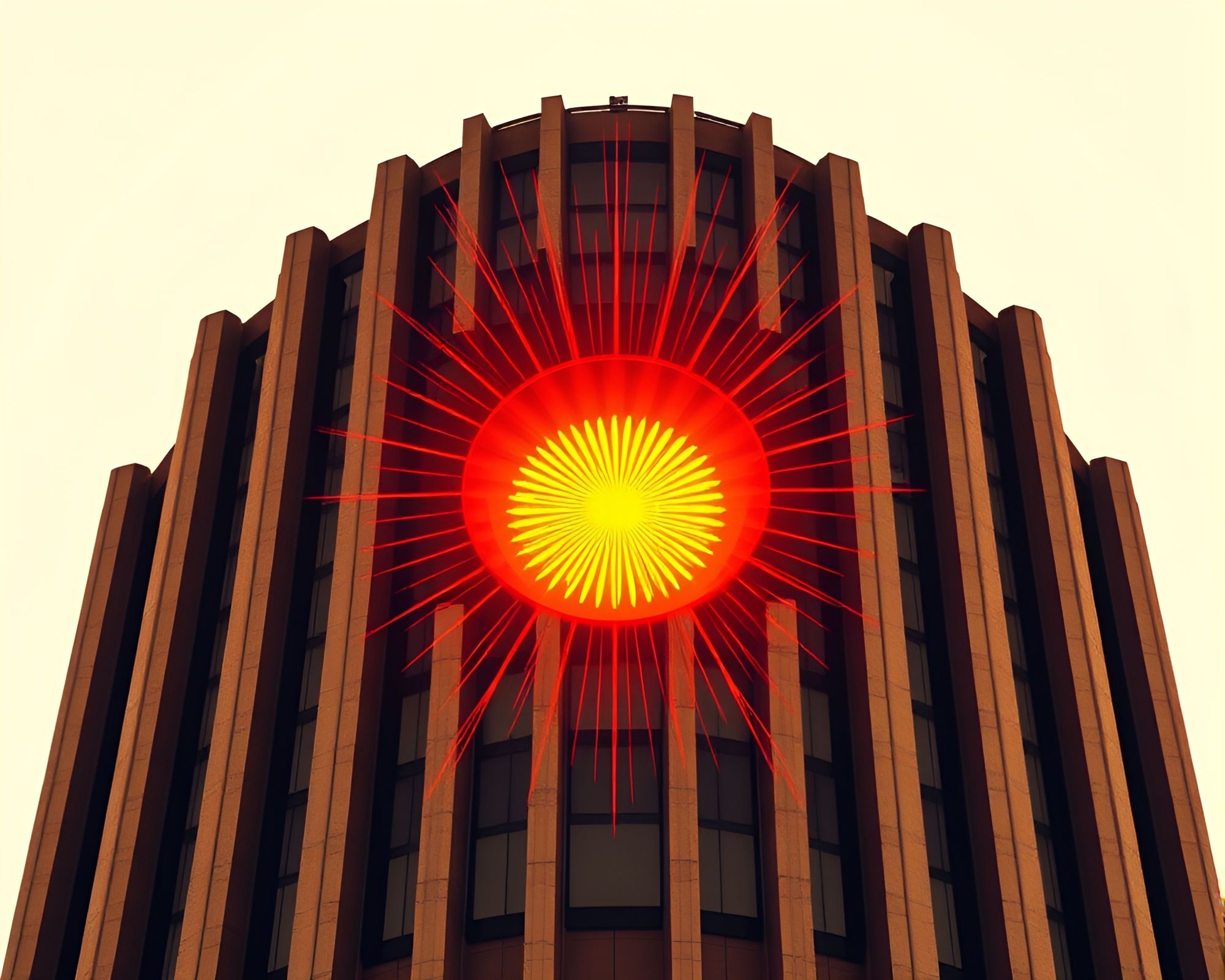 Abstract Sunburst Over Brutalist Building – free AI stock image