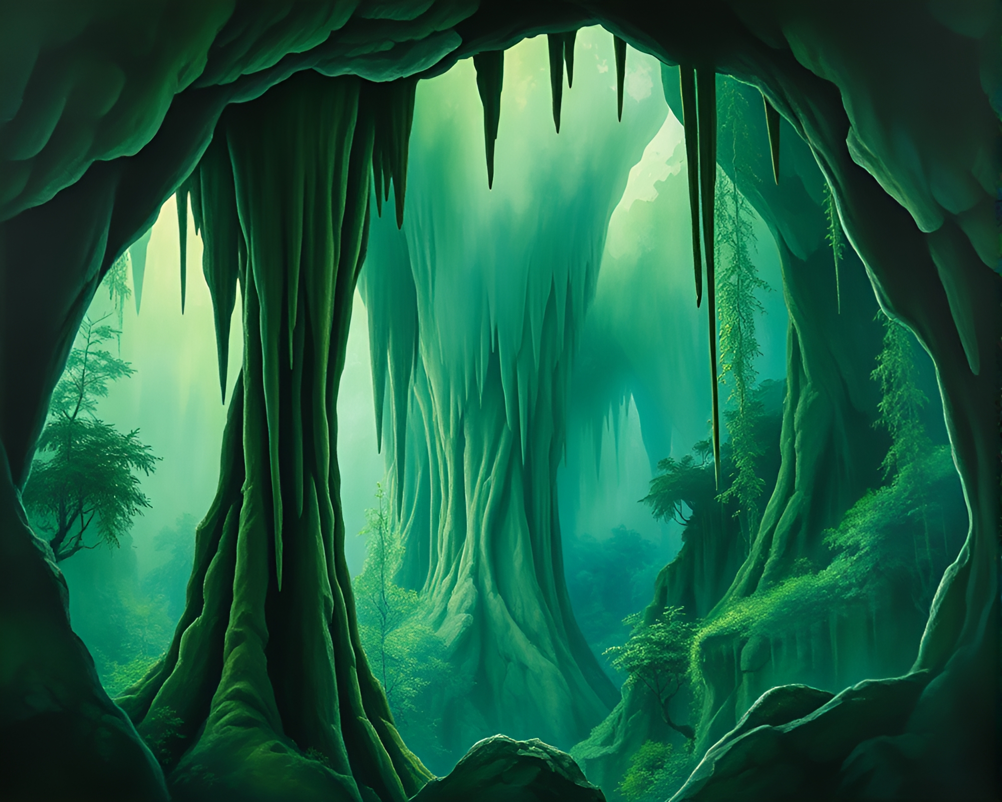 Enchanting Cave Stalactites in Gouache Rainforest – free AI stock image