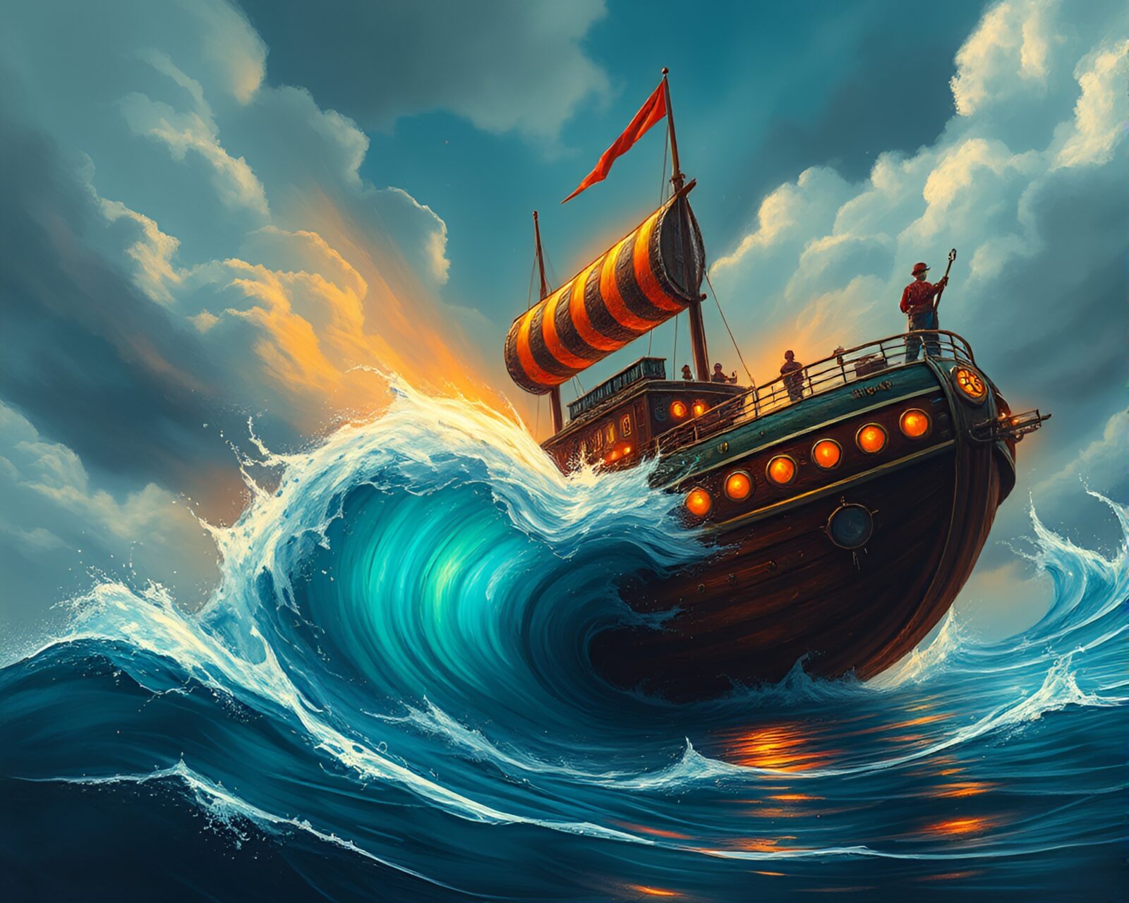 Intricate graffiti art of steam-powered airship amid swirling water vortex
