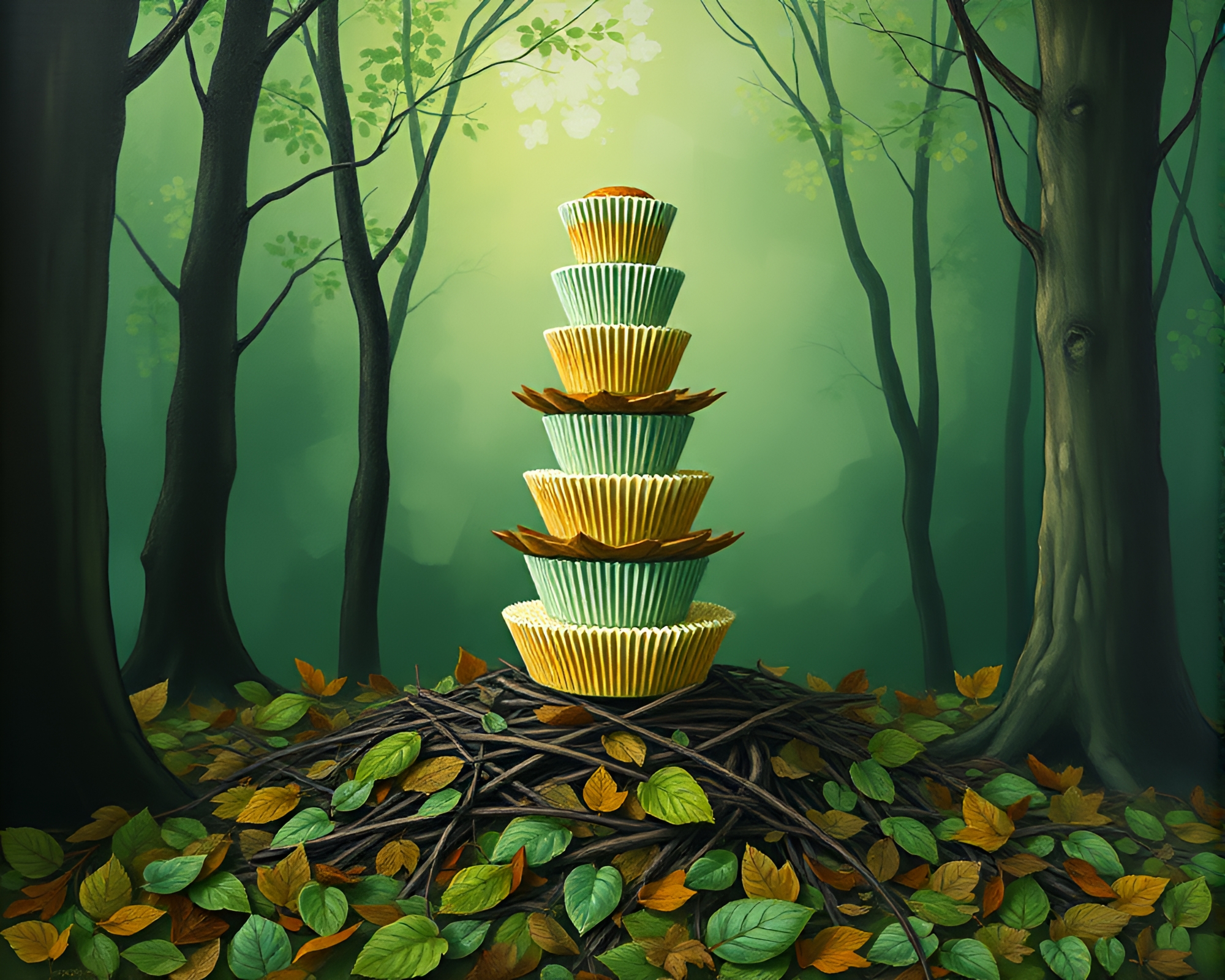 Enchanted Cupcake Tower in Forest Leaf Litter – free AI stock image