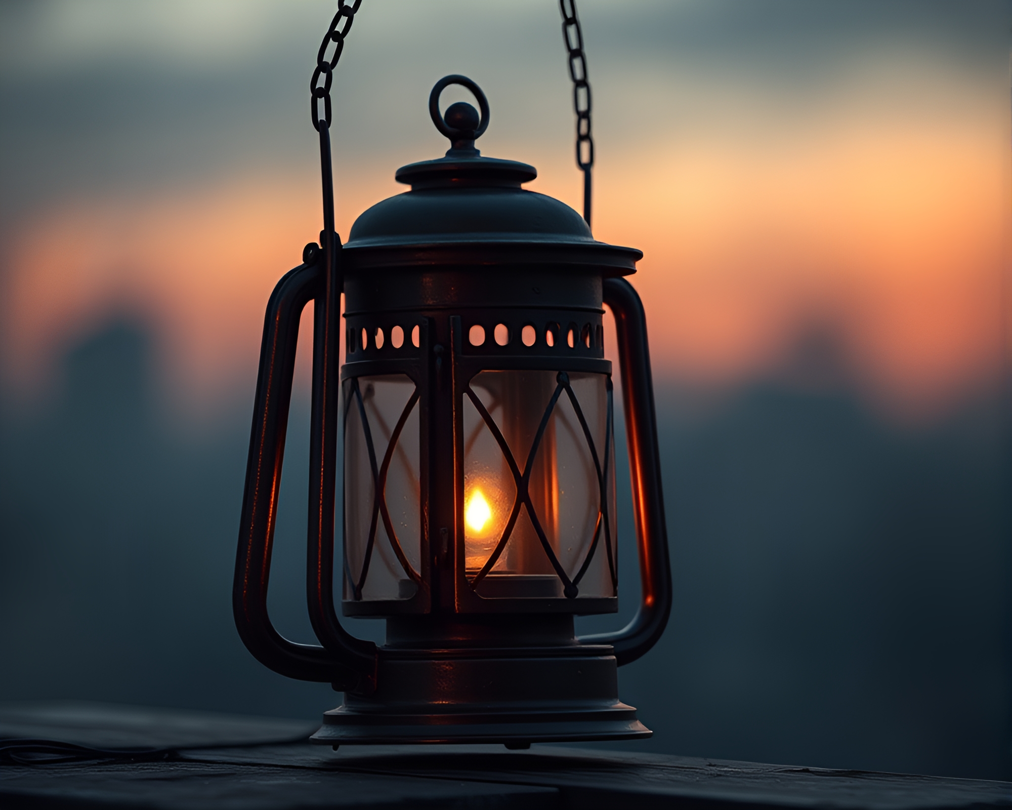 Bronze Oil Lantern in Digital Twilight Haze – free AI stock image