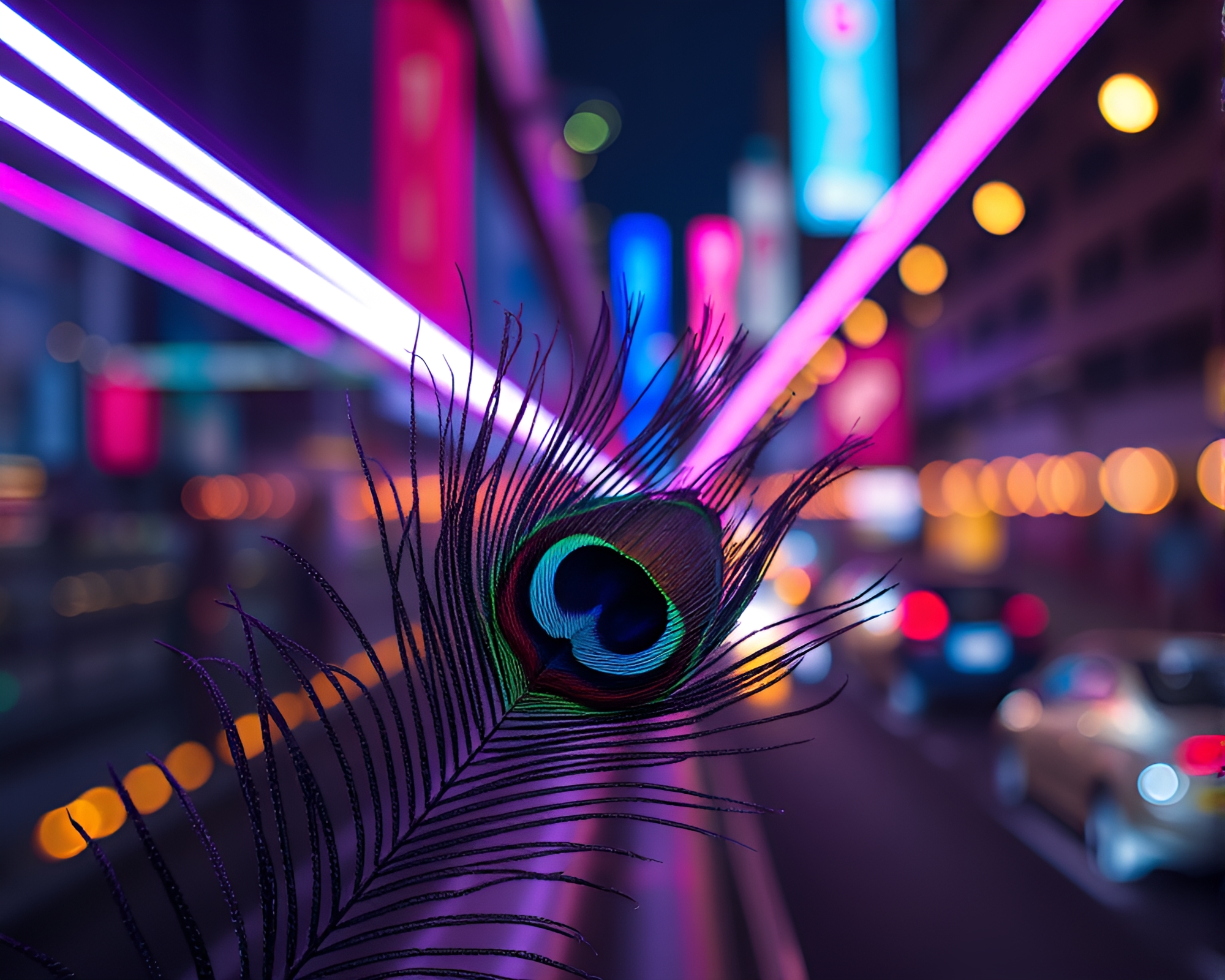 Neon Peacock Feather Glowing in Urban Night – free AI stock image