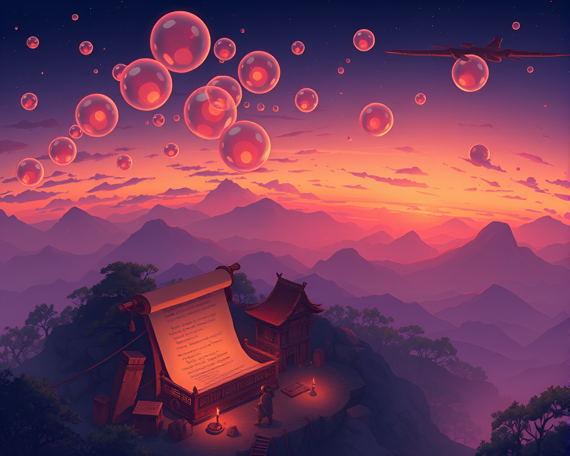 Ancient Scroll Bubble Clusters at Twilight – free AI stock image
