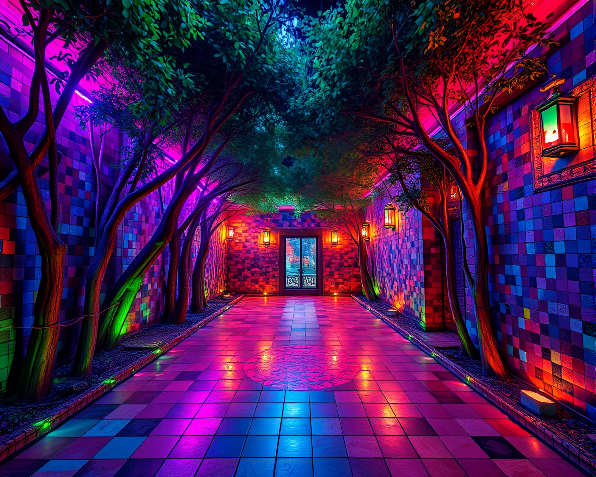 Enchanted Ancient Grove Illuminated by Neon Mosaic – free AI stock image