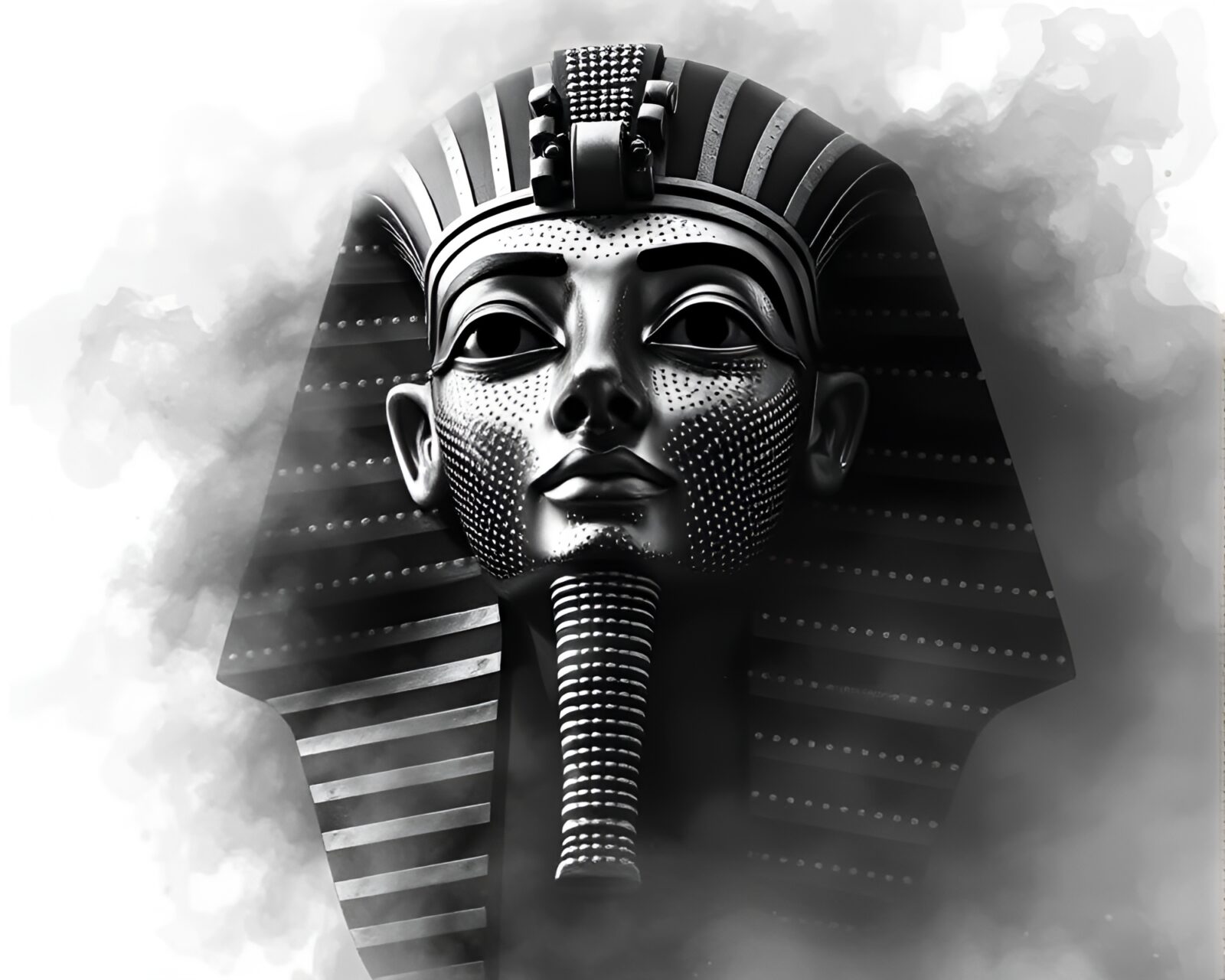 Black and white image of a Pharaoh's mask in a hazy, mysterious atmosphere