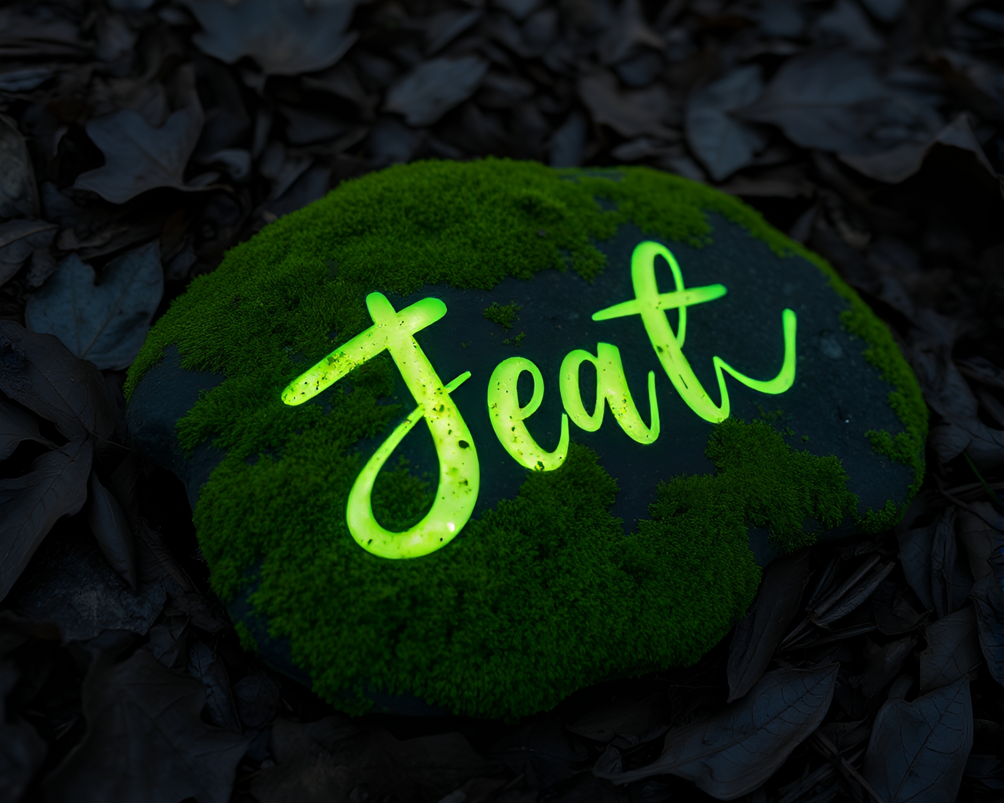Glowing Moss-Covered Rock with Calligraphy Illumination – free AI stock image