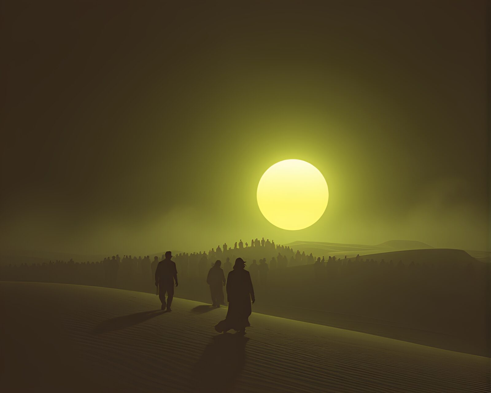 Gloomy glitch art of silhouettes in eerie desert landscape