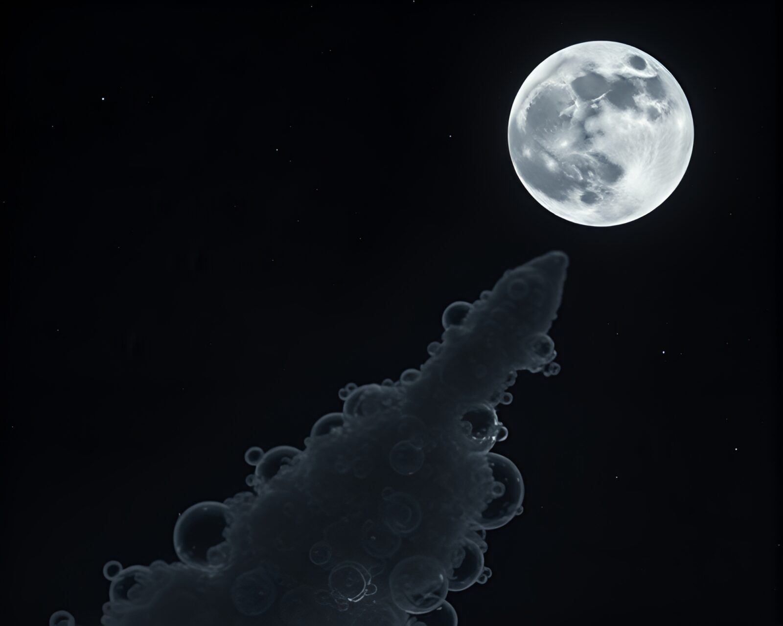 Duotone image of space shuttle among glowing moonlit bubbles