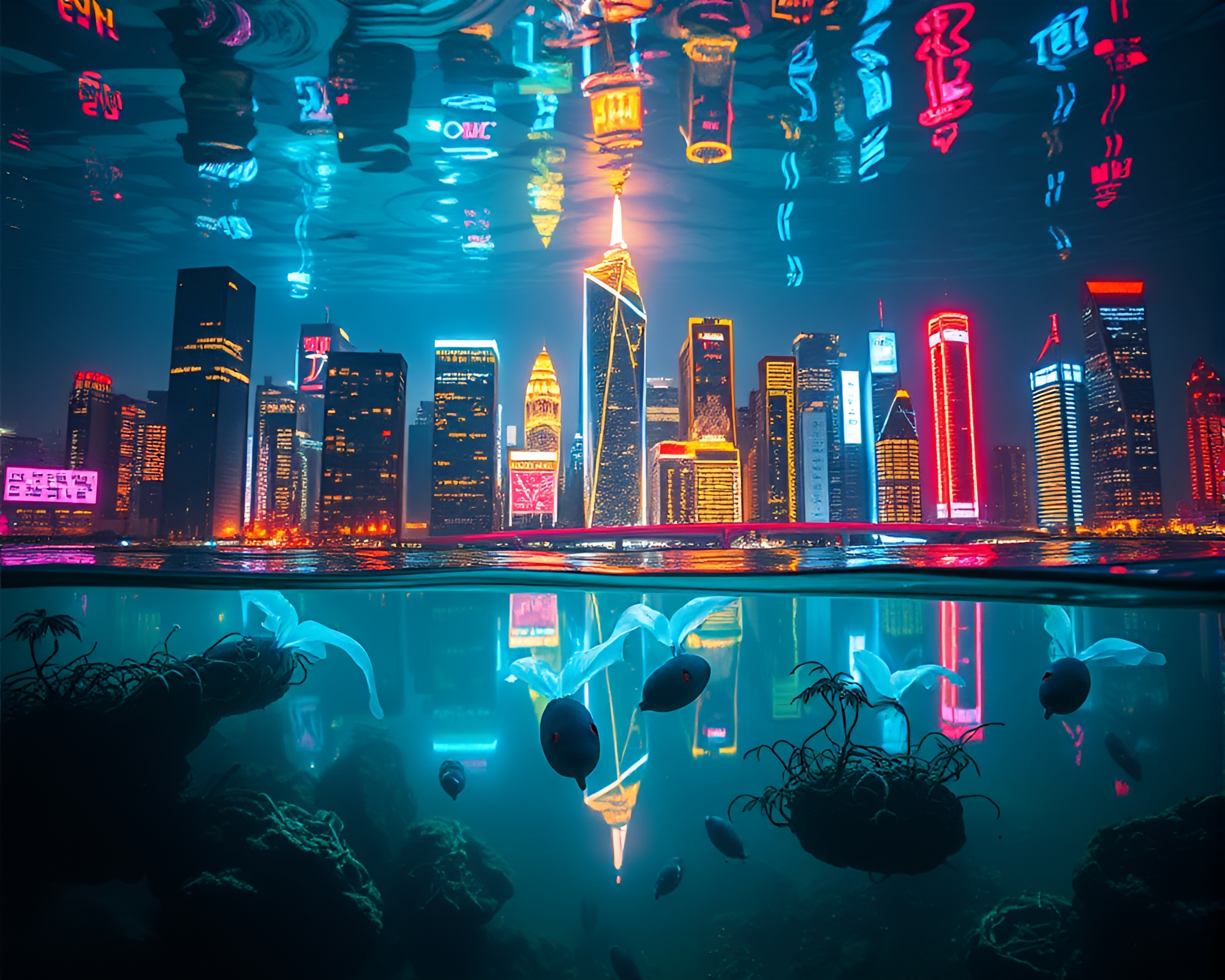 Neon Submersible City Scene with Kinetic Embroidery Detail – free AI stock image