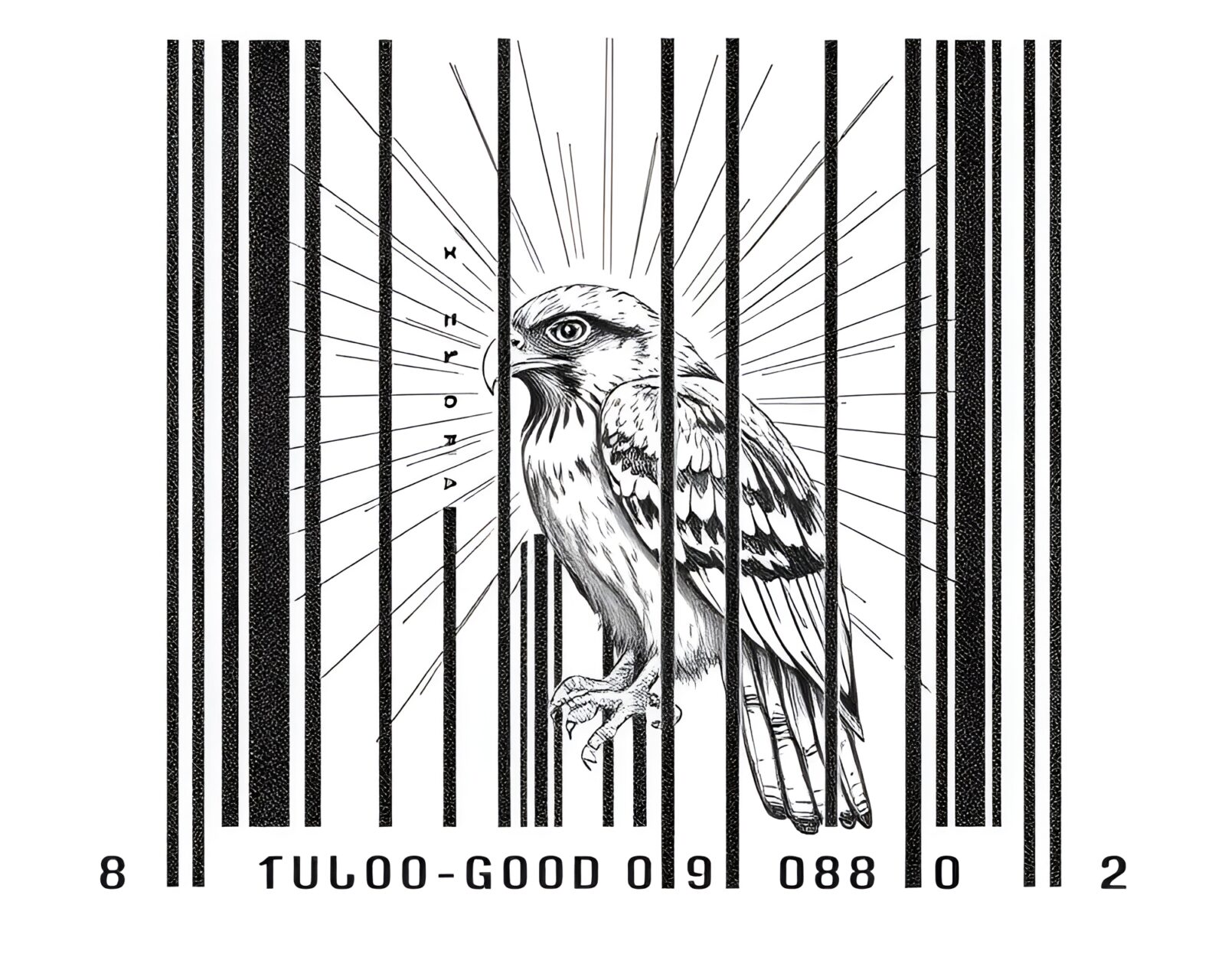 Pencil sketch of majestic falcon with barcode stripe under divine light beams