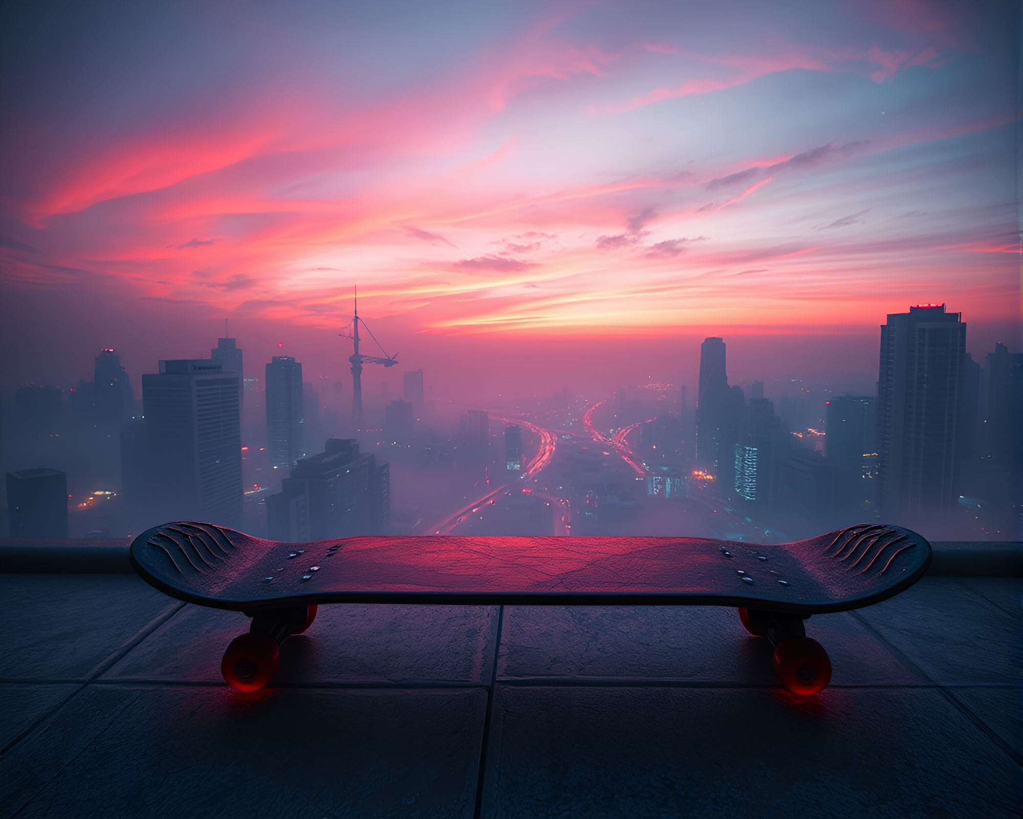 Cybernetic Skateboarder in Digital Twilight Panorama – free AI stock image