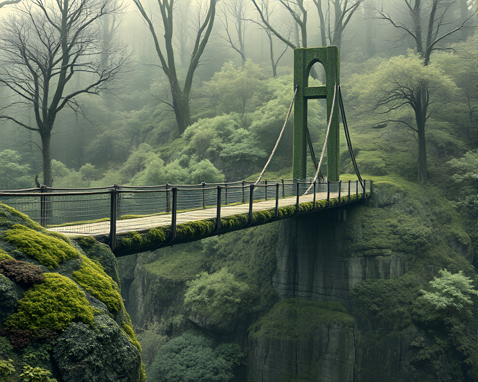 Mystical Lichen Suspension Bridge Over Abyss – free AI stock image