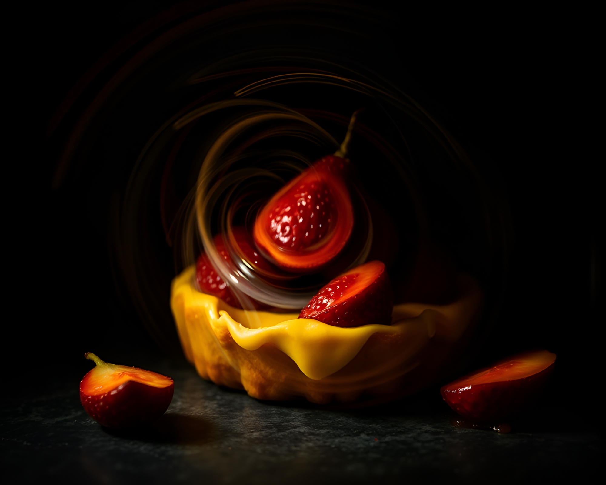 Fruit Tart in Distorted Lens Study – free AI stock image