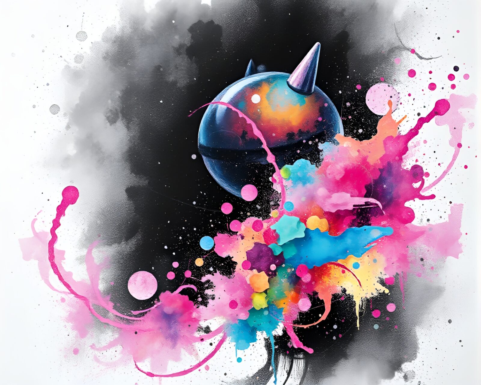 Colorful android figure surrounded by cosmic dust etchings