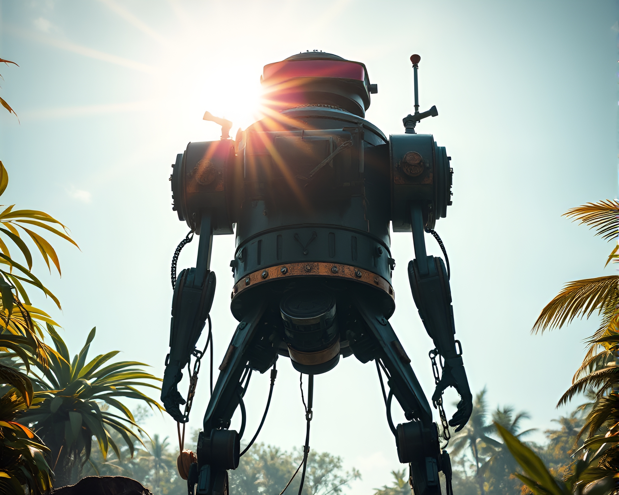 Steampunk Robot in Jungle Canopy Shadows – free AI stock image