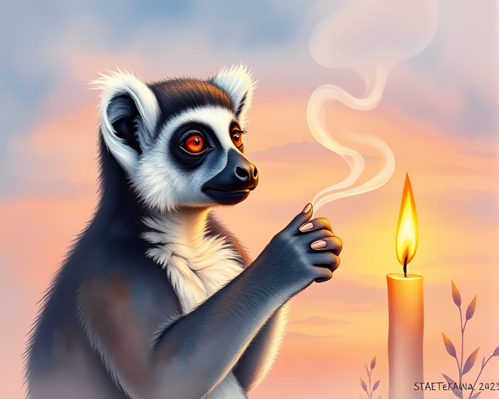Wildlife watercolor painting of a lemur in a sunrise pastel sky surrounded by candle smoke