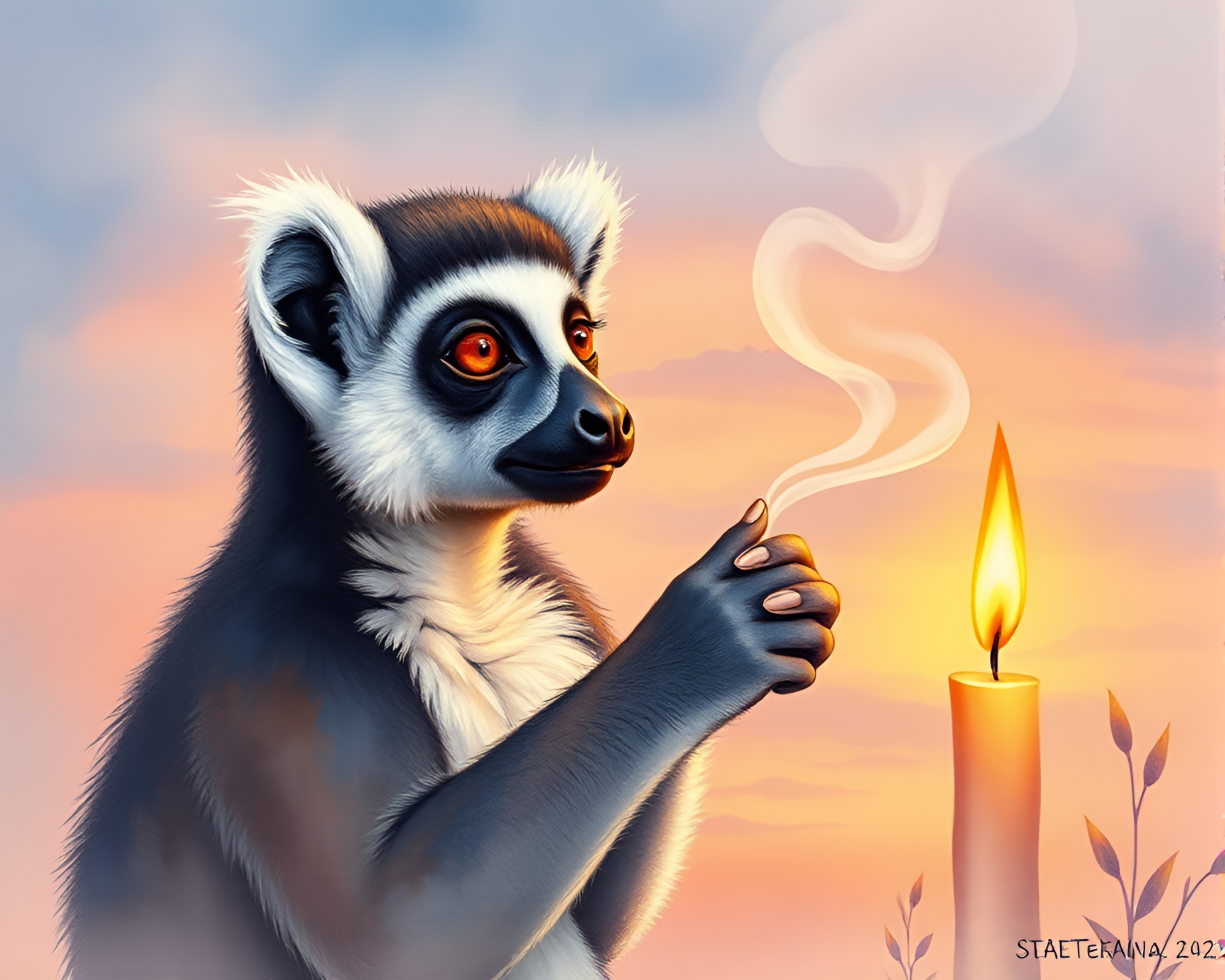 Lemur Silhouette Amidst Pastel Candle Smoke Sunrise – free AI stock image