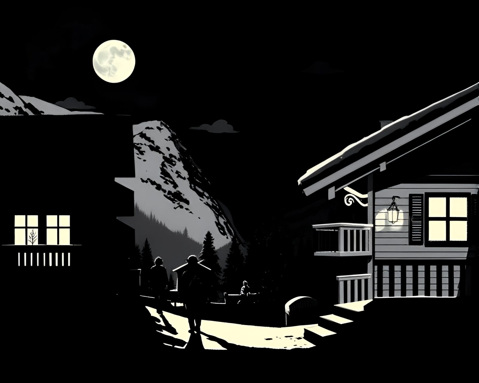 Moody desaturated linocut print of an Alpine chalet with shadows