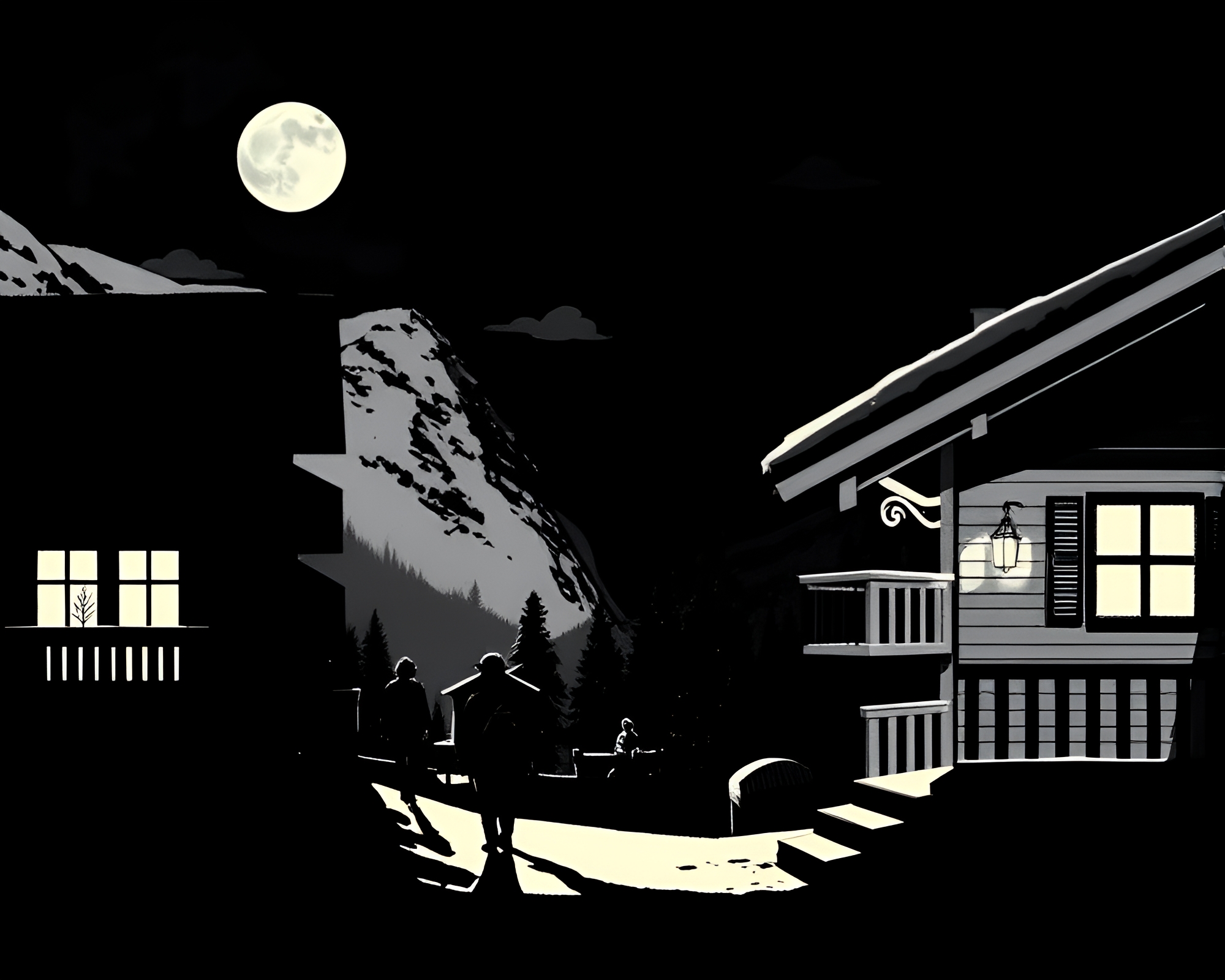 Alpine Chalet Shadow Play: Linocut Print Art Image – free AI stock image