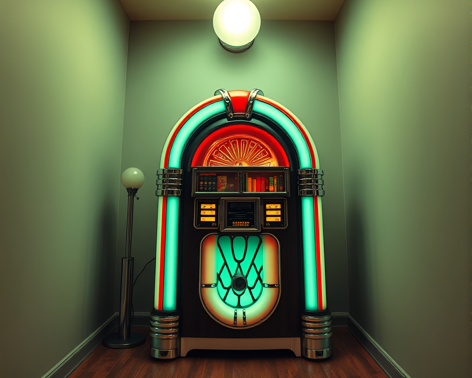 Vintage Jukebox Illuminated by Library Lamp Light Concept Art – free AI stock image