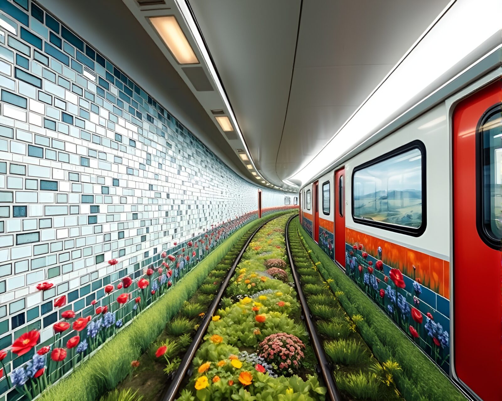 Abstract monorail themed mosaic design in matte color palette