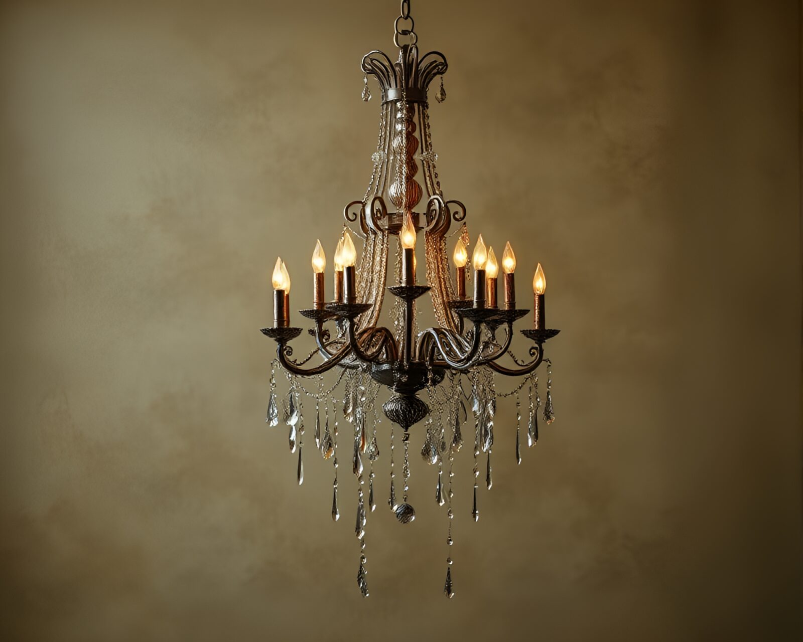 Muted earth tone scene with calligraphy style chandelier
