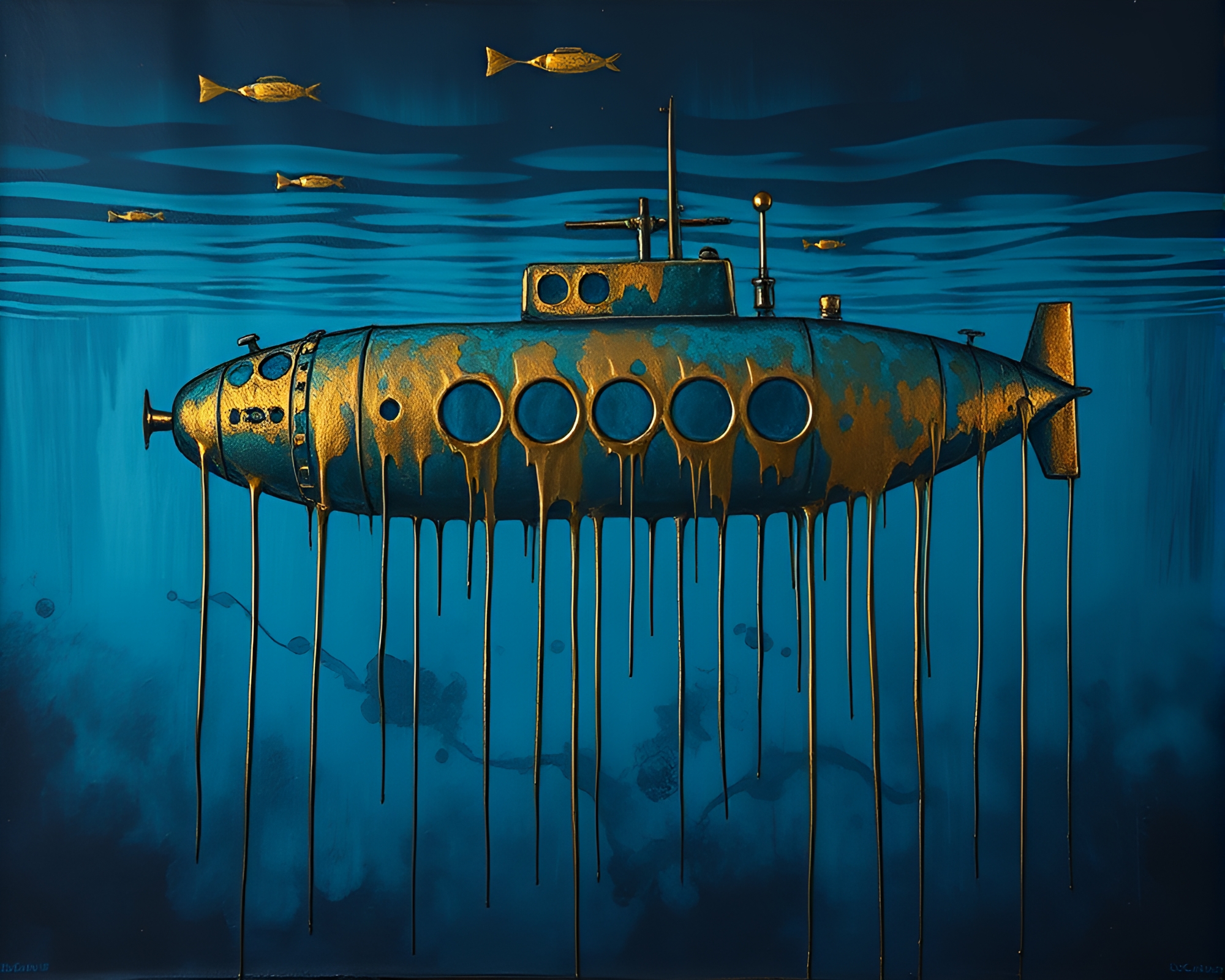Bronze Patina Submarine in Twilight Blue Hour Seascape – free AI stock image