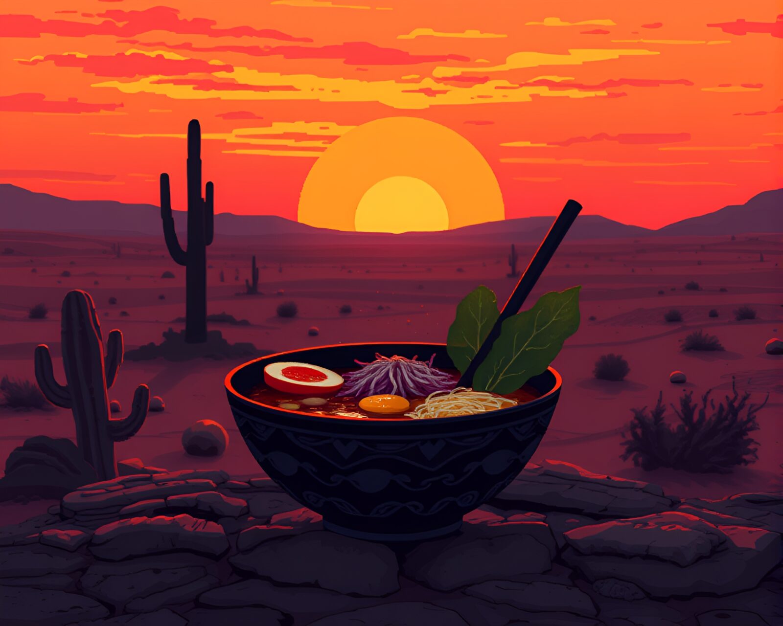 Artistic rendering of pixelated ramen bowl at sunset