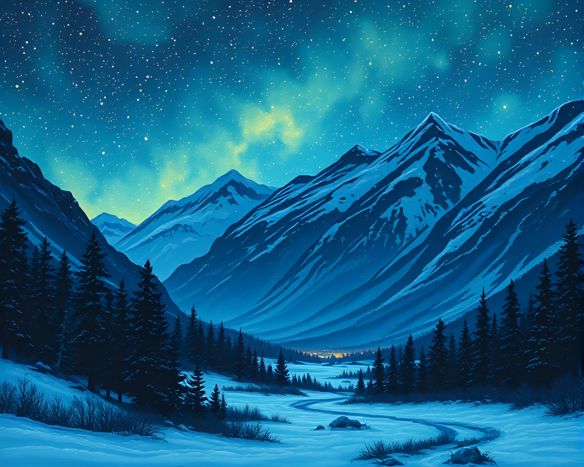Northern Tundra Night Sky Dot Matrix Tempera Painting – free AI stock image