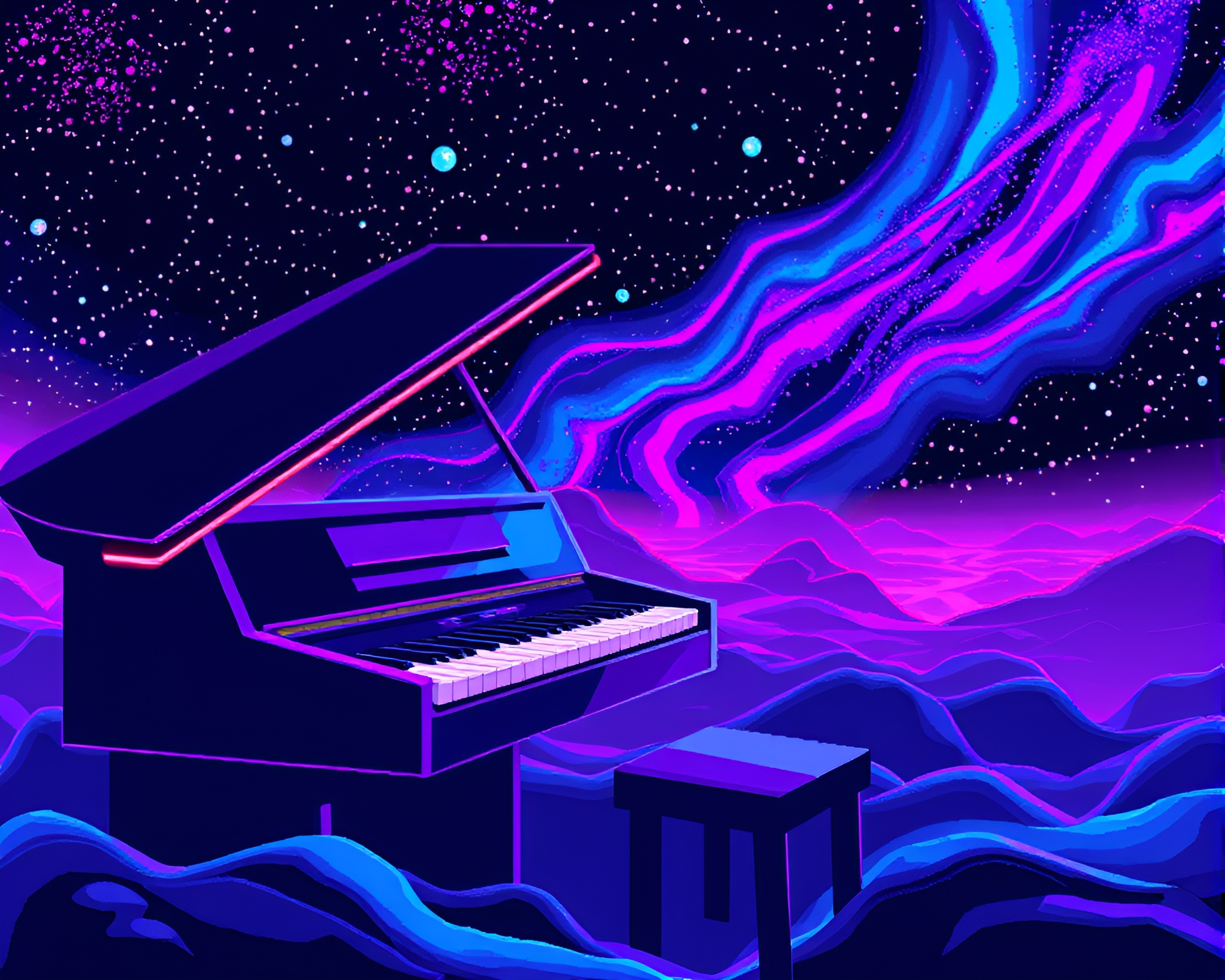 Pixelated Piano in Synthwave Milky Way Galaxy – free AI stock image