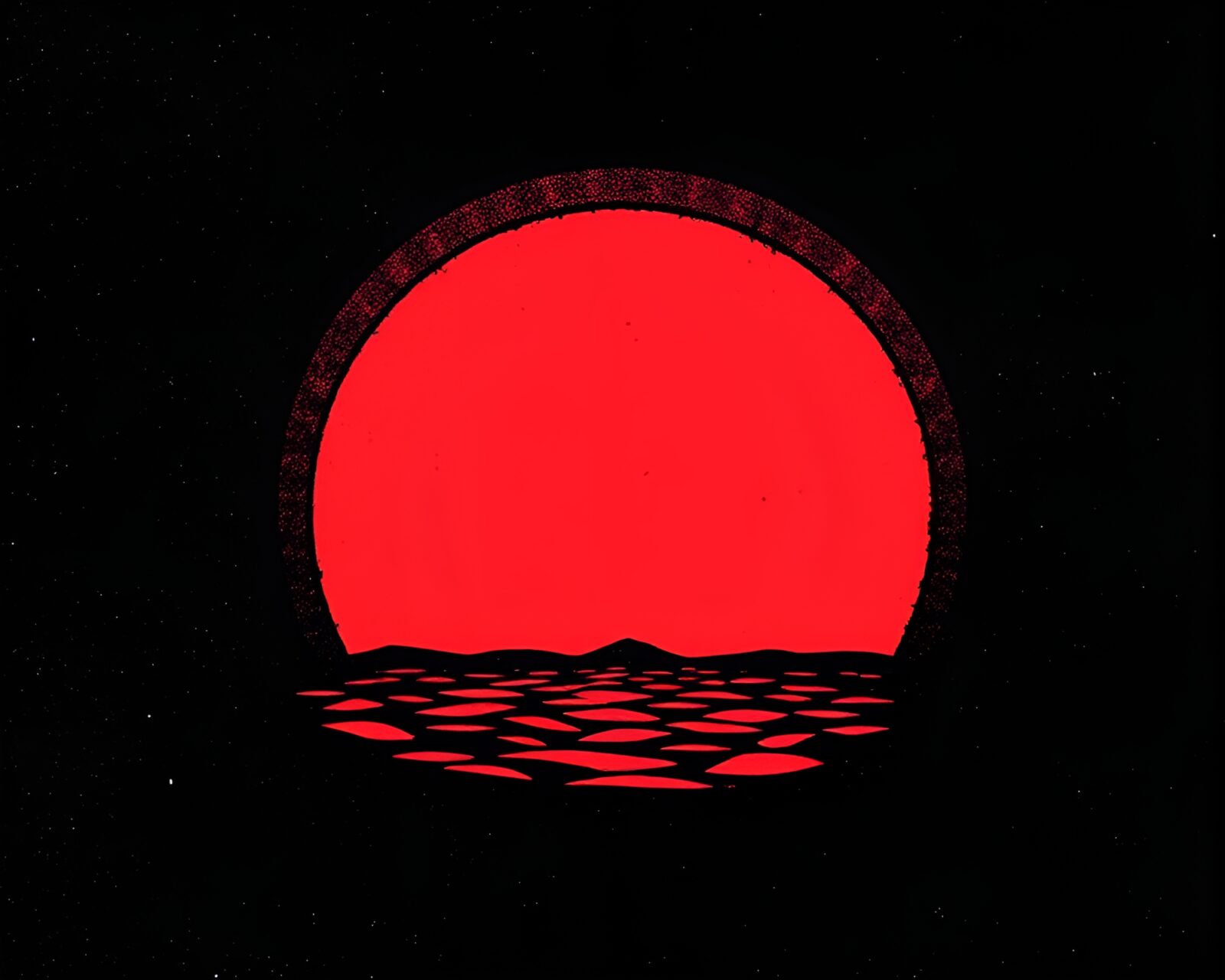 Volcano-red glow illuminating stone circle with halftone grid engraving