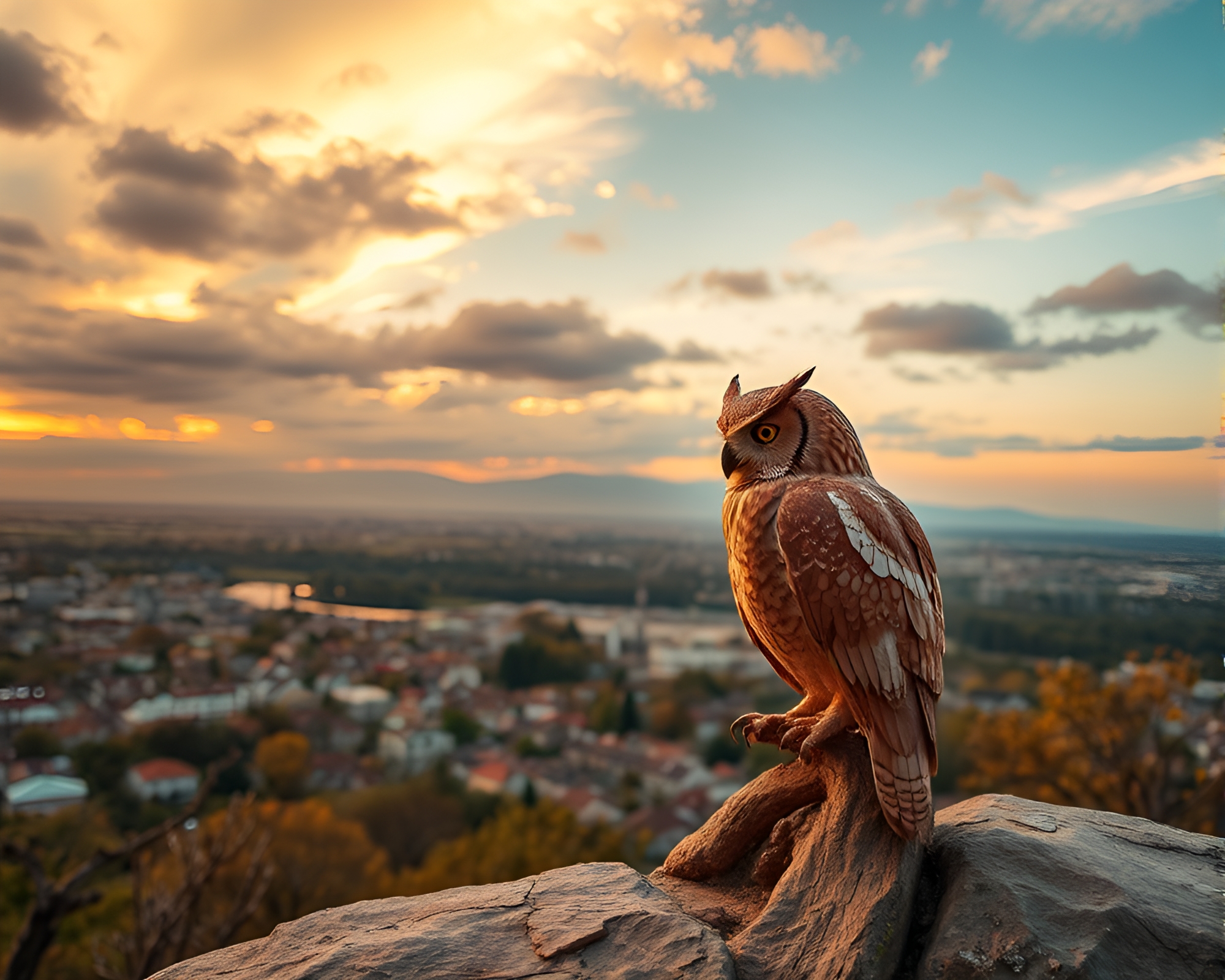 Majestic Panoramic Owl Origami at Golden Hour Dusk – free AI stock image