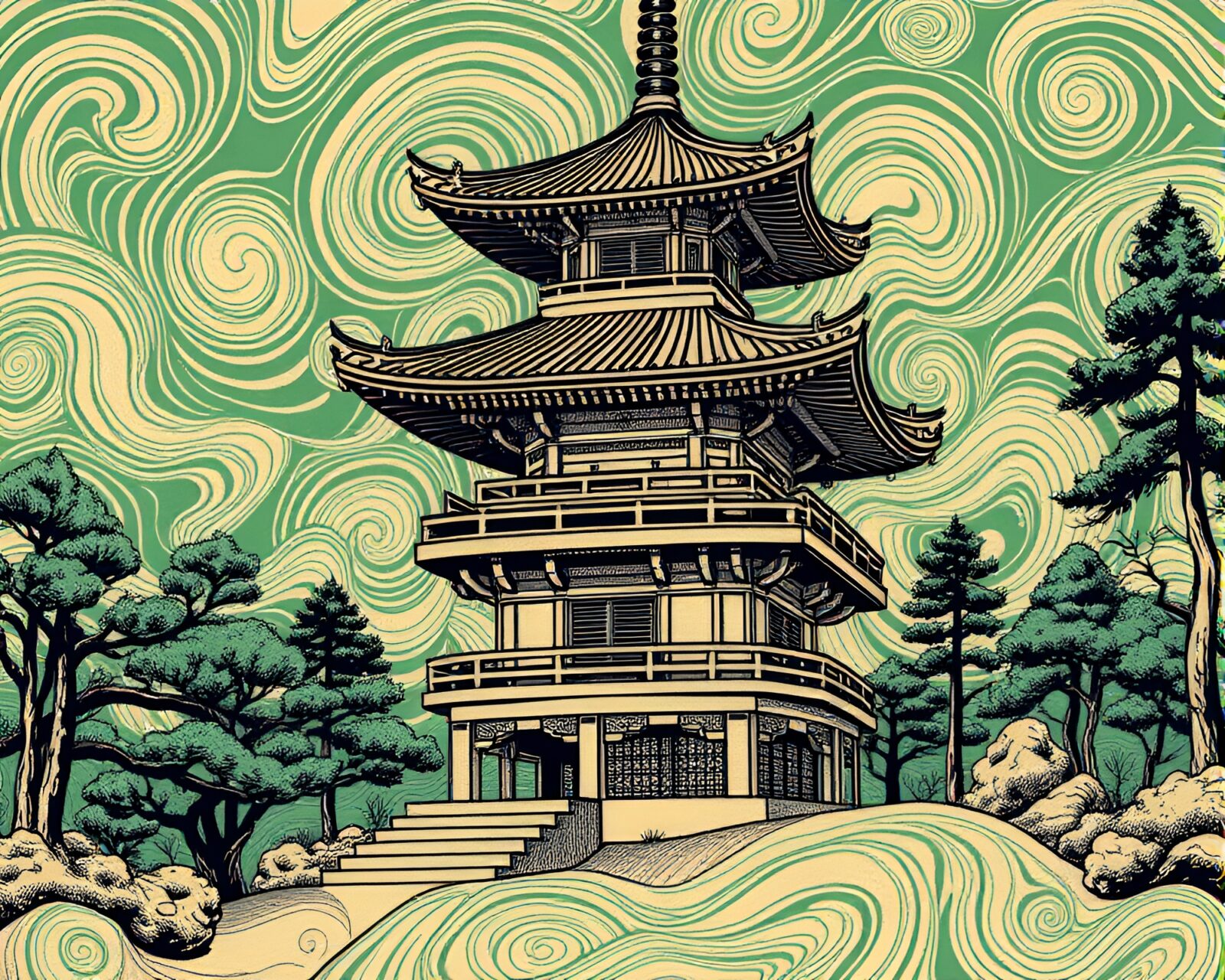 Manga style pagoda in forest-green sand swirls
