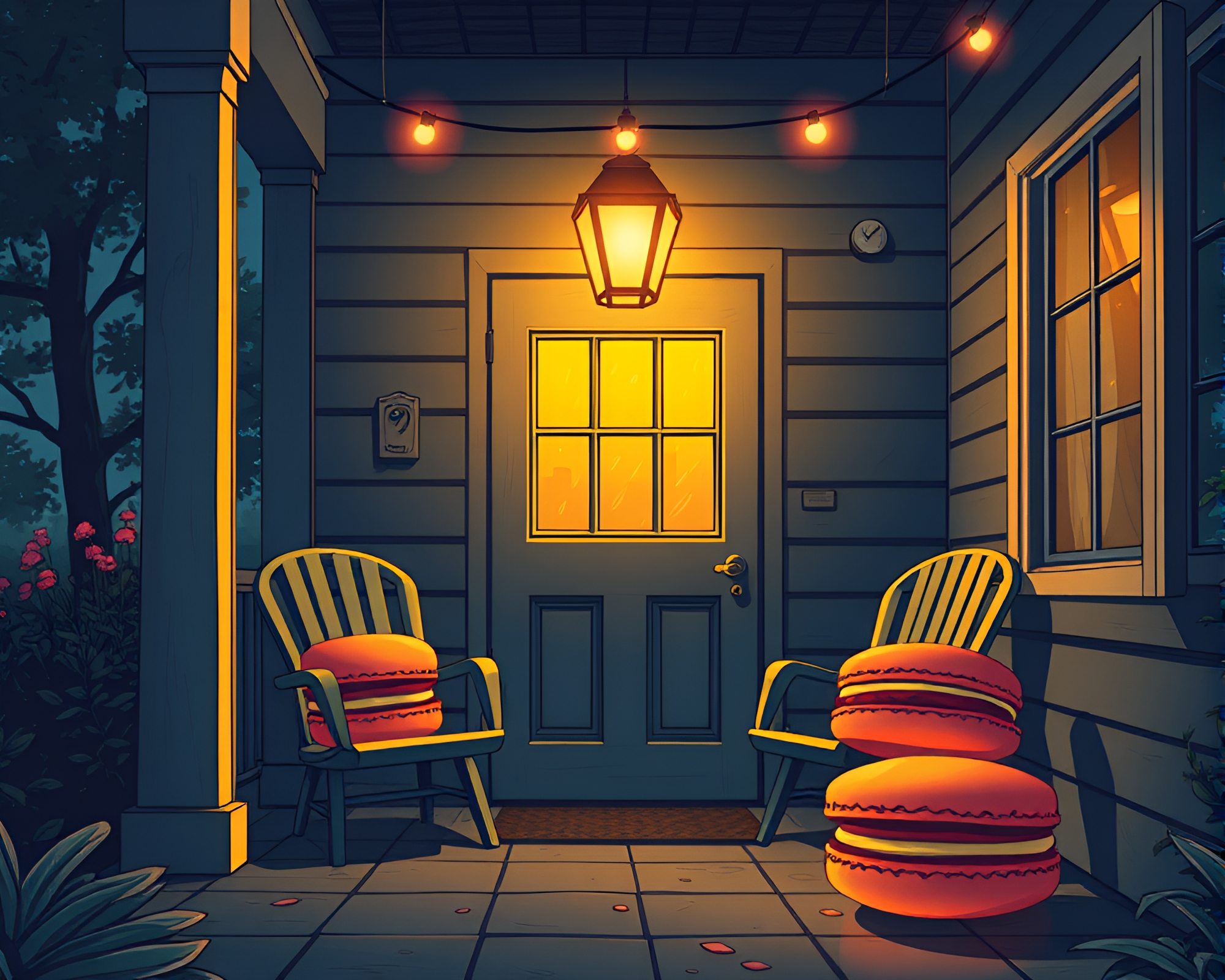 Enchanting Macaron Array with Cozy Porch Light Glow – free AI stock image