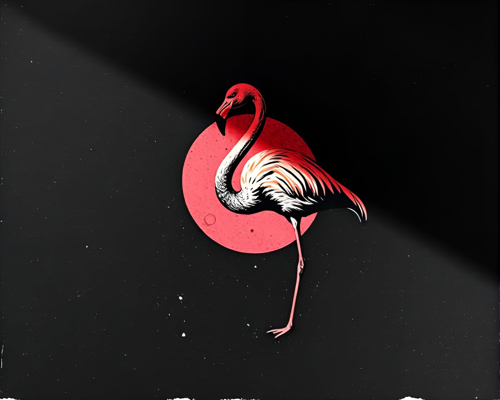 Abstract linocut flamingo under eclipse shadow, textured art