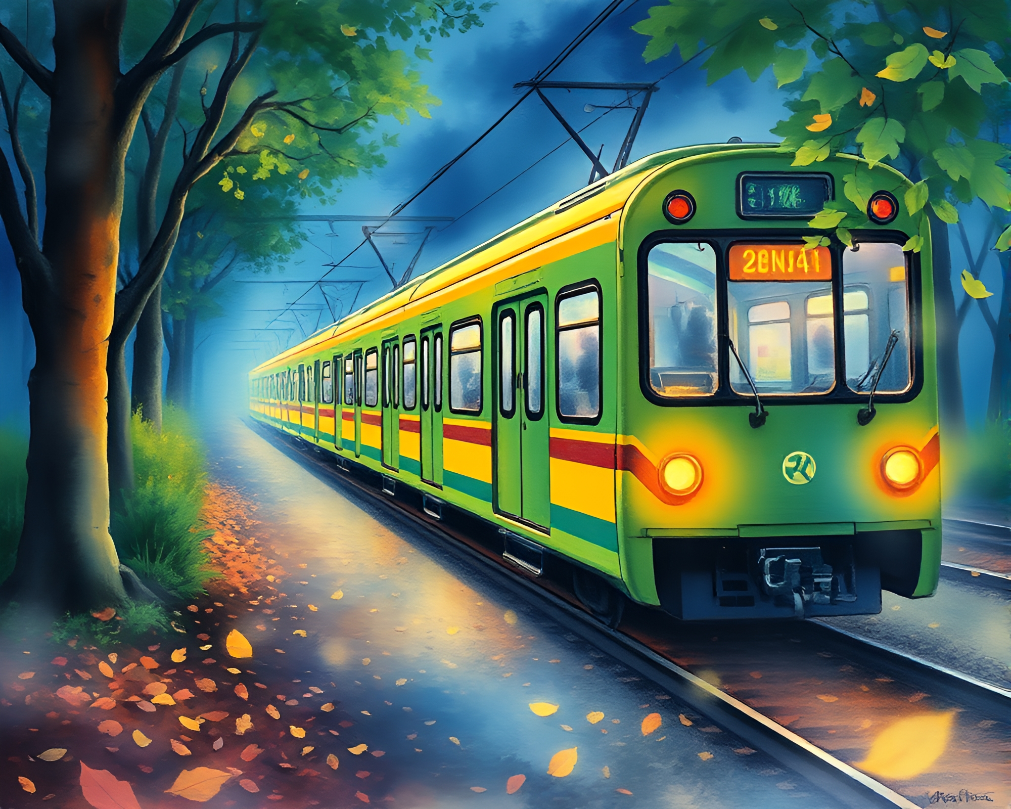 Neon Train Amid Watercolor Leaf Litter Compositions – free AI stock image