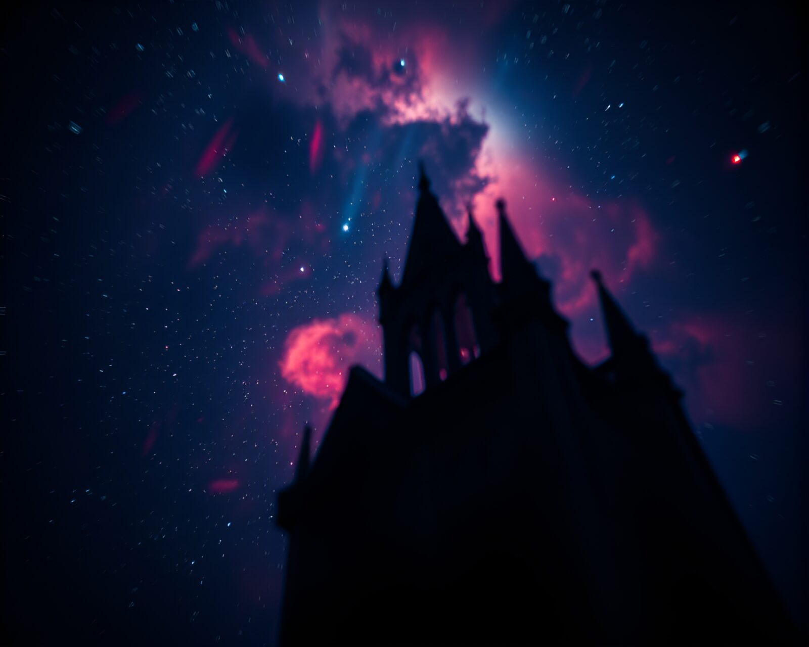Dark, eerie Gothic scene with cosmic hues and selective focus