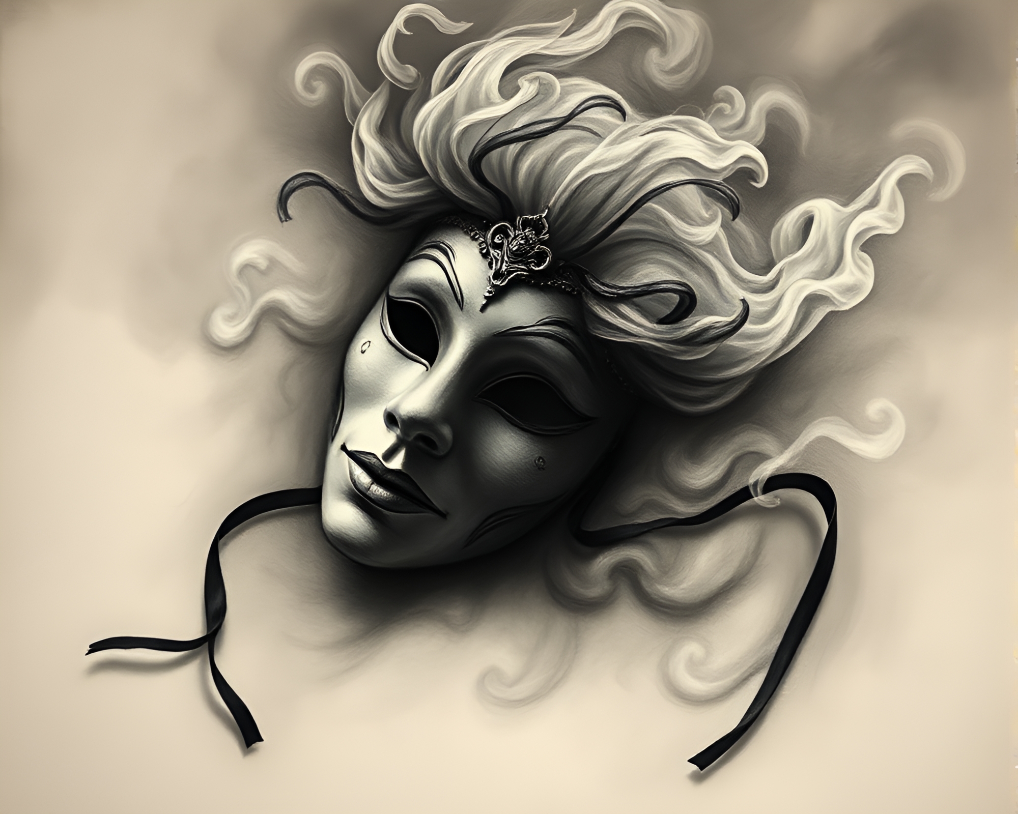 Venetian Mask in Chalk Smoke Plume Swirls – free AI stock image