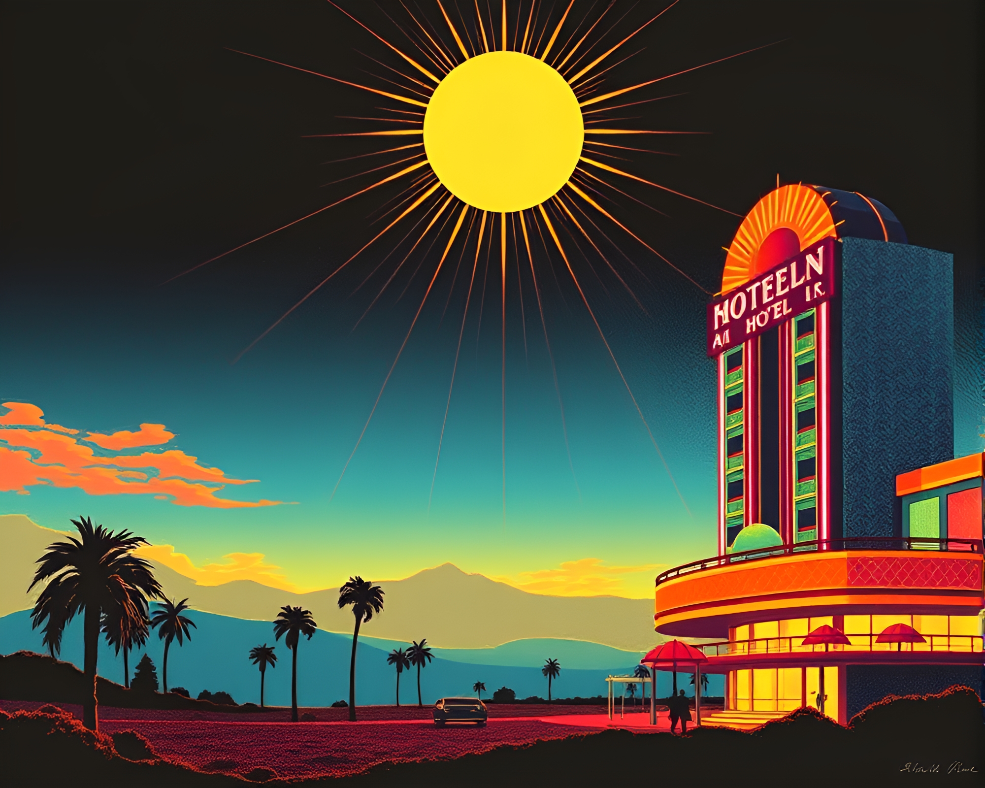 Oil Slick Rainbow Illuminates Art Deco Hotel – free AI stock image