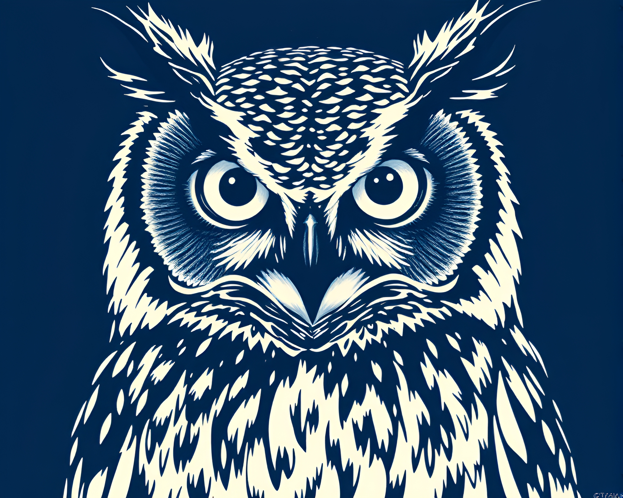Clockwork owl in monochrome linocut print – free AI stock image