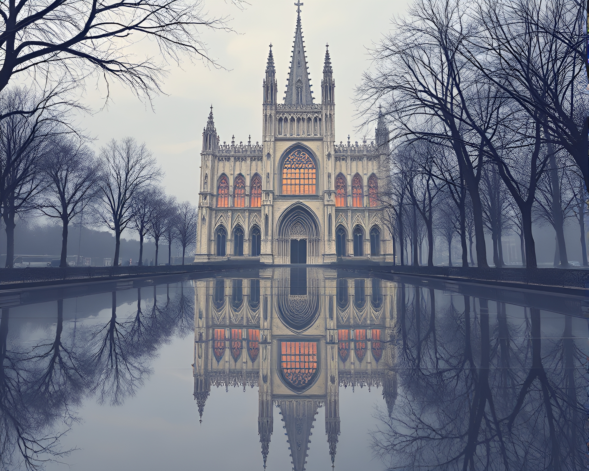 Gothic Cathedral Reflections in Muted Pastels – free AI stock image
