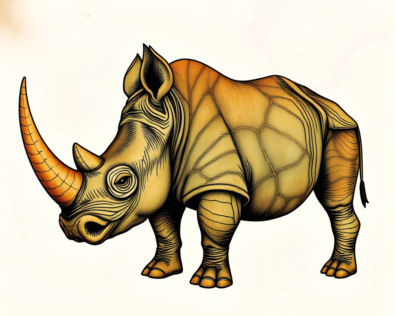 Detailed engraving of a rhinoceros surrounded by leaf vein patterns