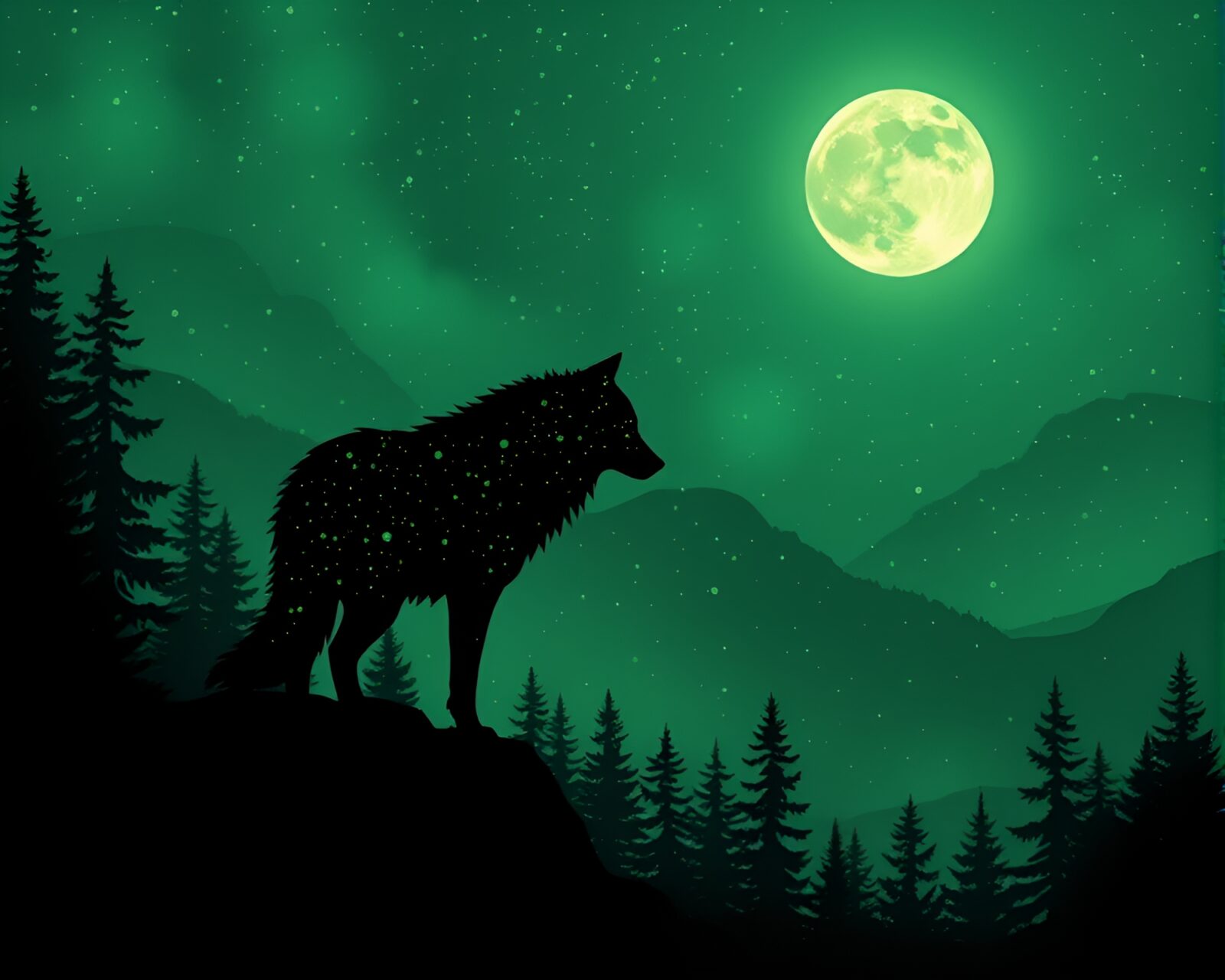 Stereograph image of moonlit wolf in pointillist forest scene