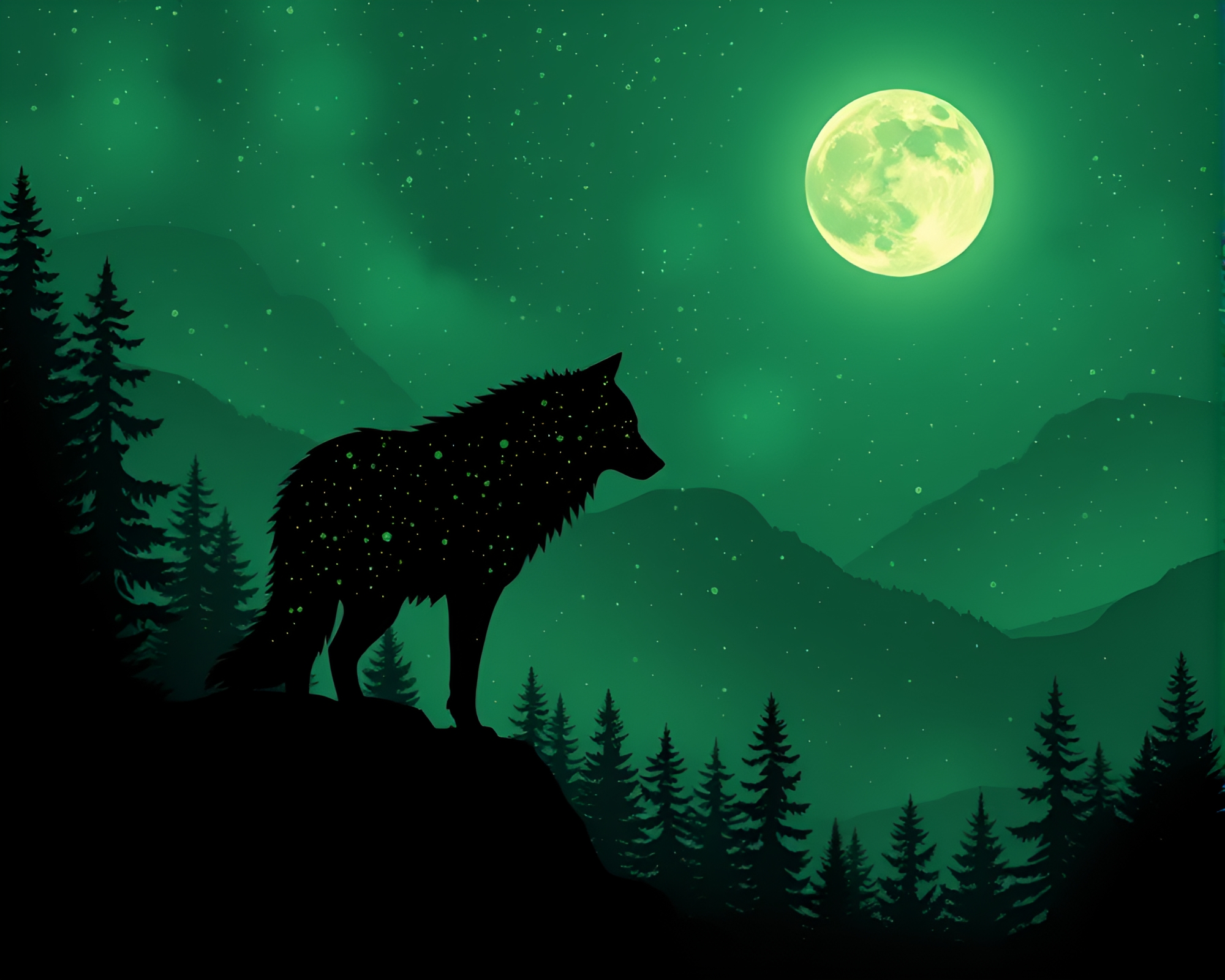 Moonlit Wolf in Pointillist Forest Stereograph – free AI stock image